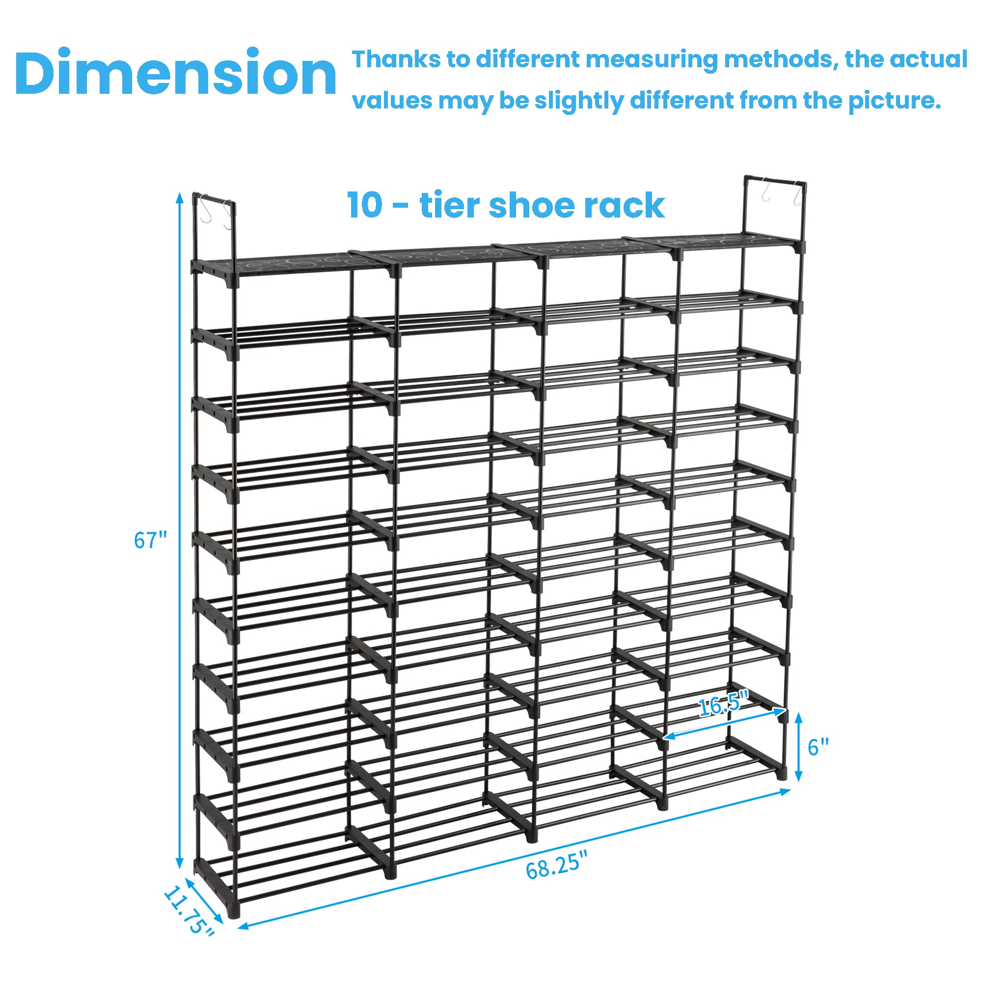 Furnipuzzle The multi - layer shoe rack organizer can hold 70 - 80 pairs of shoes at most. It's a metal shoe rack with hooks, which is great for entryways and garages. And it's black.