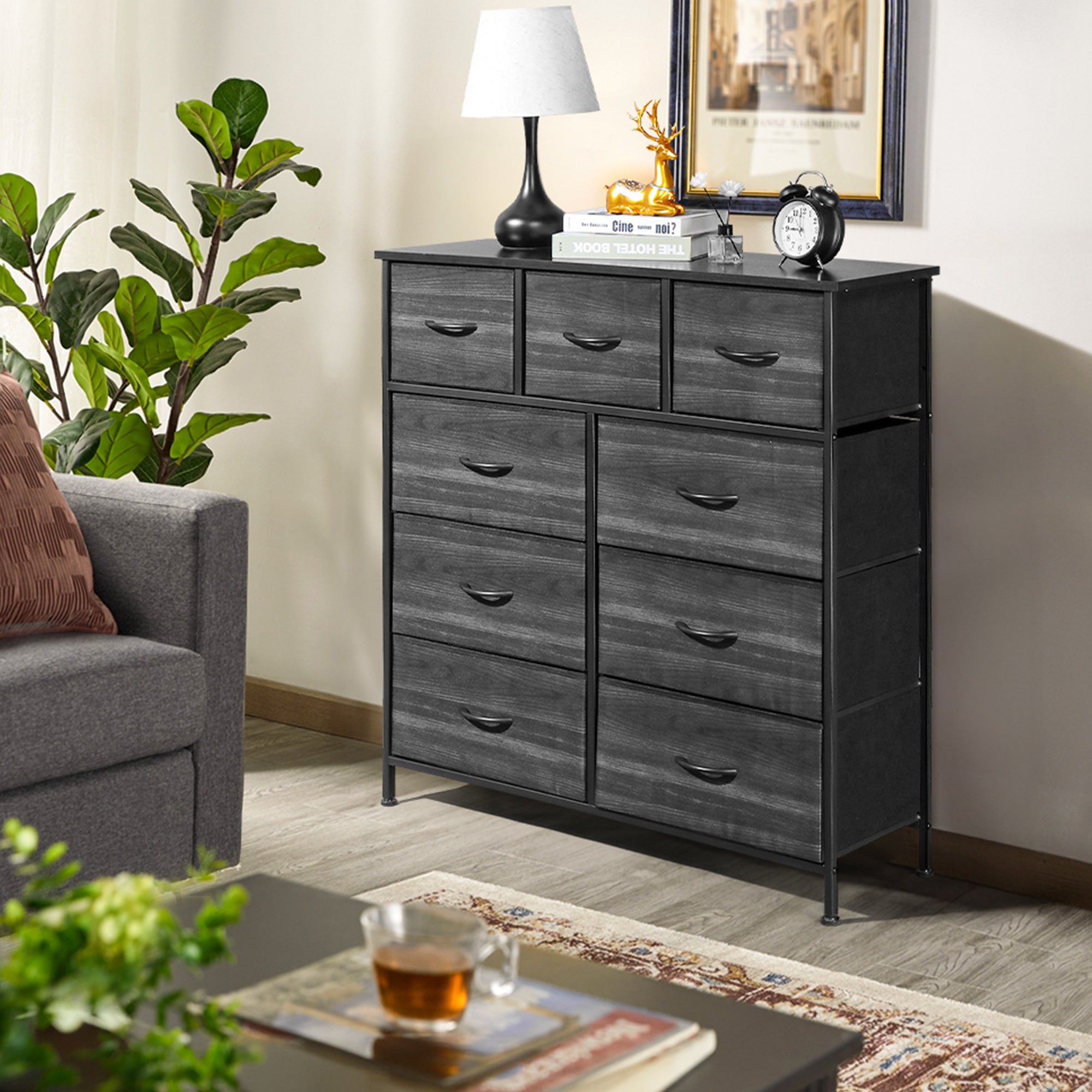 Furnipuzzle Multi - drawer tall wardrobe, large fabric drawer cabinet. It's perfect for home storage and organization in guest rooms, closets, entryways, living rooms, and bedrooms. It comes with a sturdy metal frame and a wooden countertop.