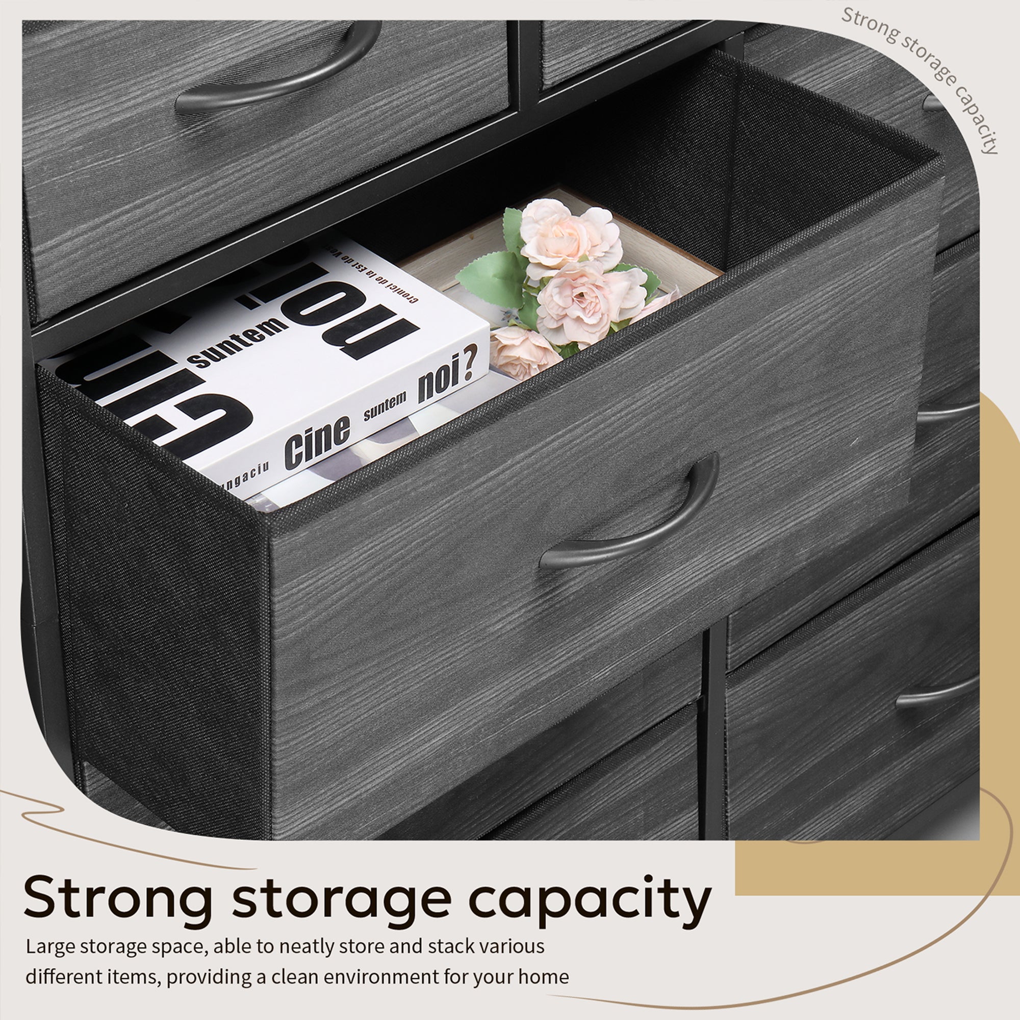 Furnipuzzle Multi - drawer tall wardrobe, large fabric drawer cabinet. It's perfect for home storage and organization in guest rooms, closets, entryways, living rooms, and bedrooms. It comes with a sturdy metal frame and a wooden countertop.