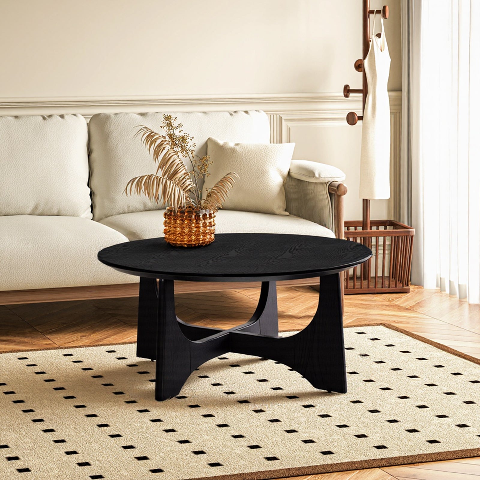 Furnipuzzle 36" Round Coffee Table Wooden Side Table for Living Room Black