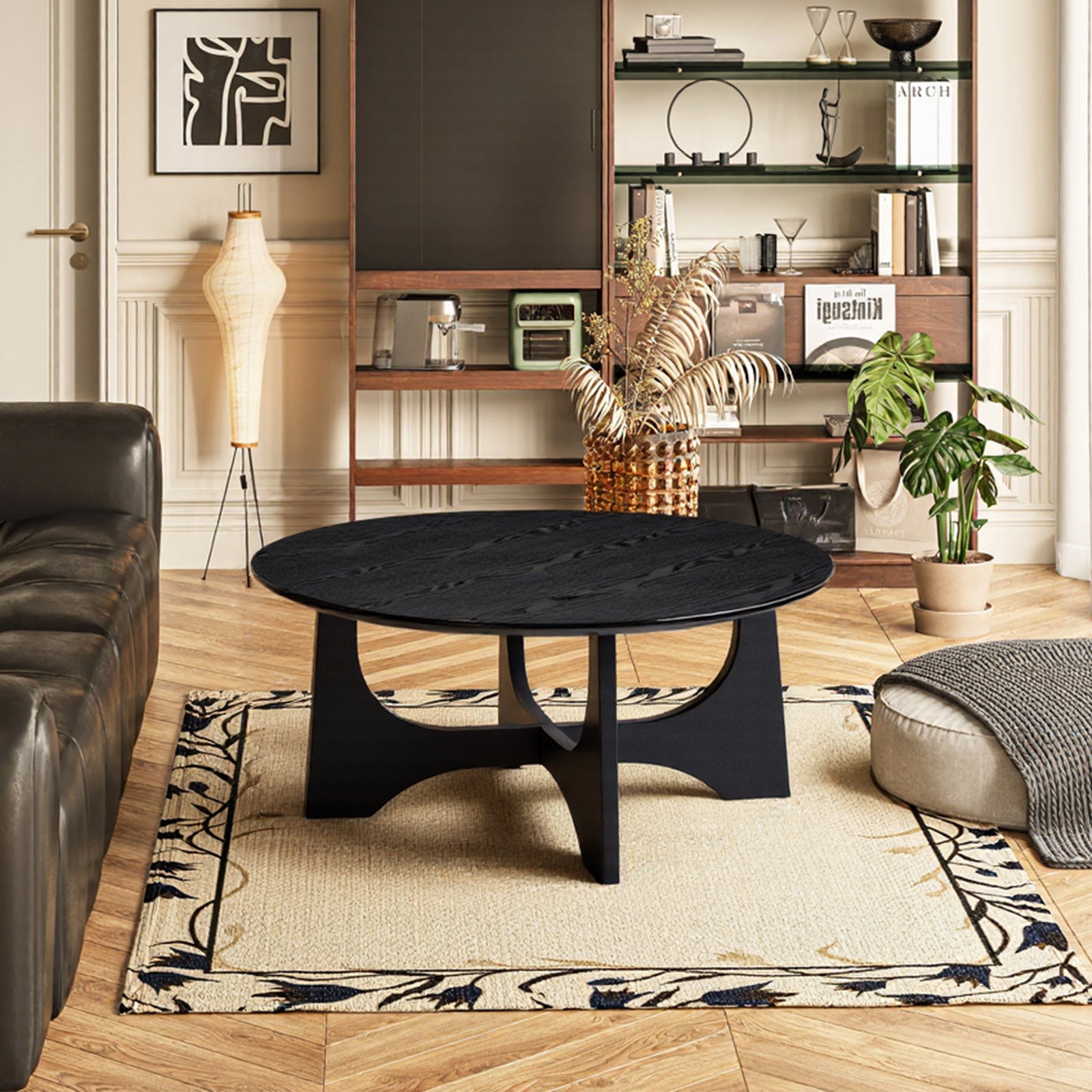 Furnipuzzle 36" Round Coffee Table Wooden Side Table for Living Room Black