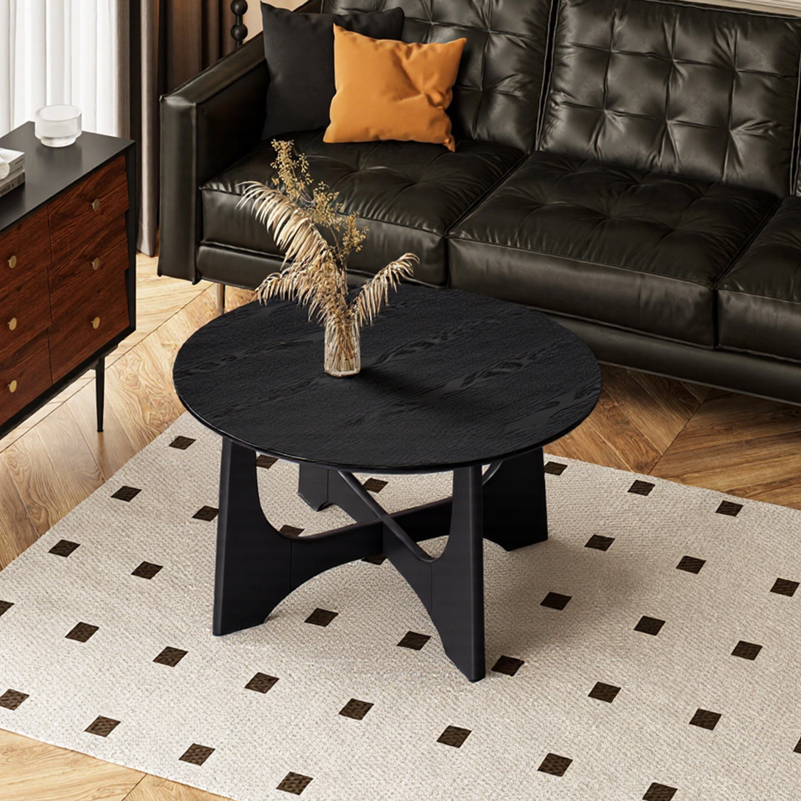 Furnipuzzle 36" Round Coffee Table Wooden Side Table for Living Room Black