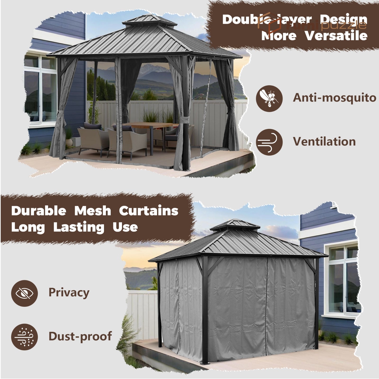 Furnipuzzle Hardtop Gazebo Double Roof Outdoor Garden with Mesh and Curtains