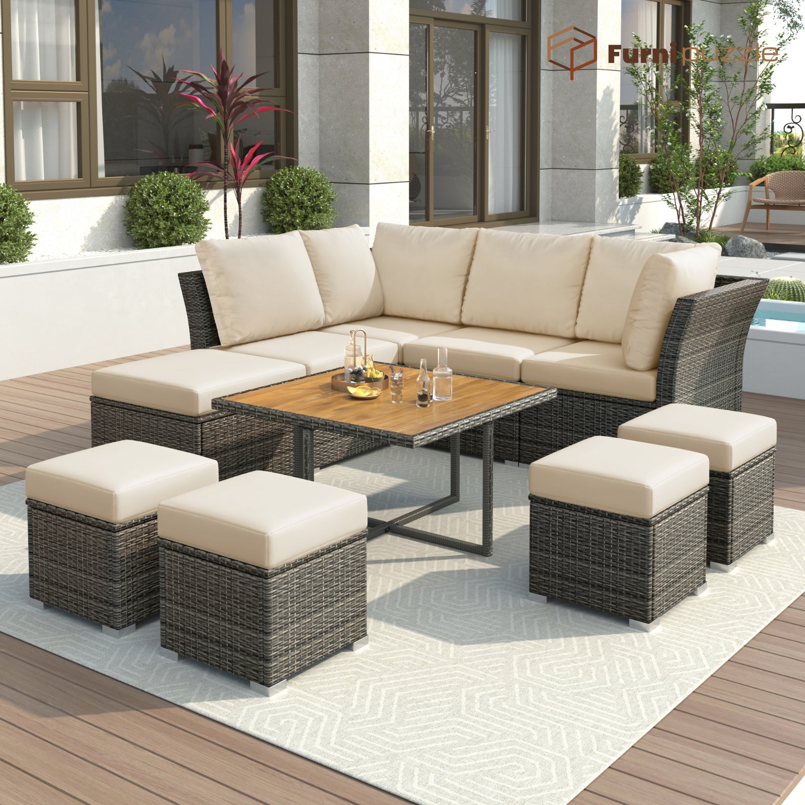 Furnipuzzle Minimalist Beige Wicker 10-Piece Patio Furniture Set with Footstool and Coffee Table