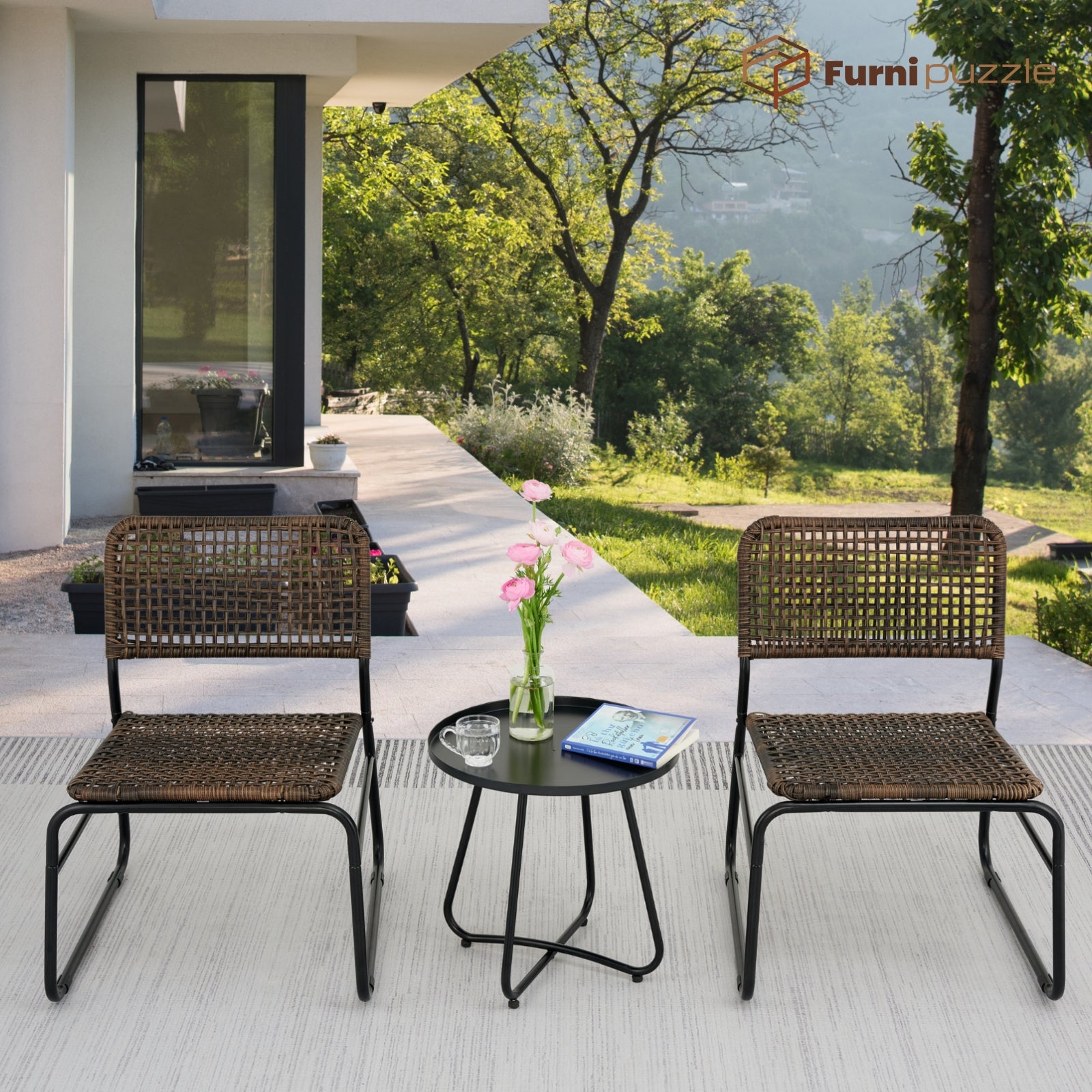 Furnipuzzle Wicker 2-Chair and Coffee Table Outdoor Set - Lightweight Design for Courtyard Use
