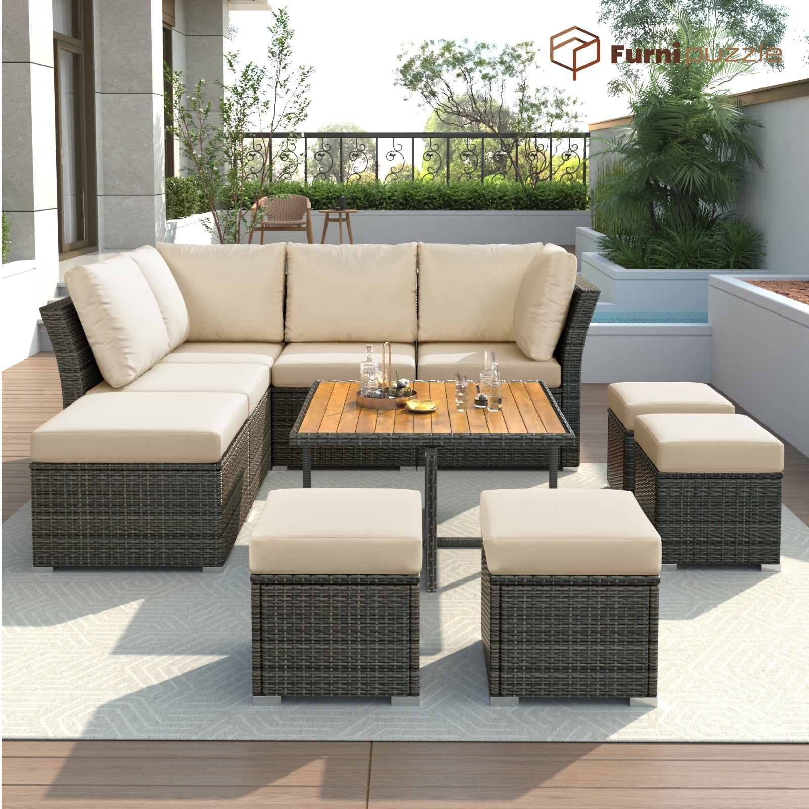 Furnipuzzle Minimalist Beige Wicker 10-Piece Patio Furniture Set with Footstool and Coffee Table