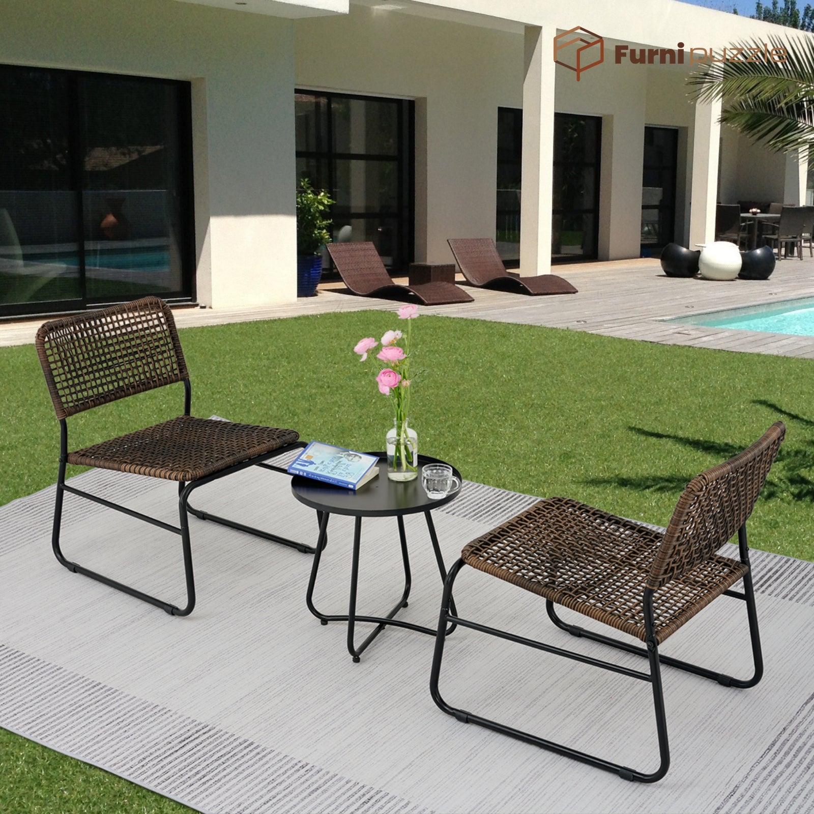 Furnipuzzle Wicker 2-Chair and Coffee Table Outdoor Set - Lightweight Design for Courtyard Use