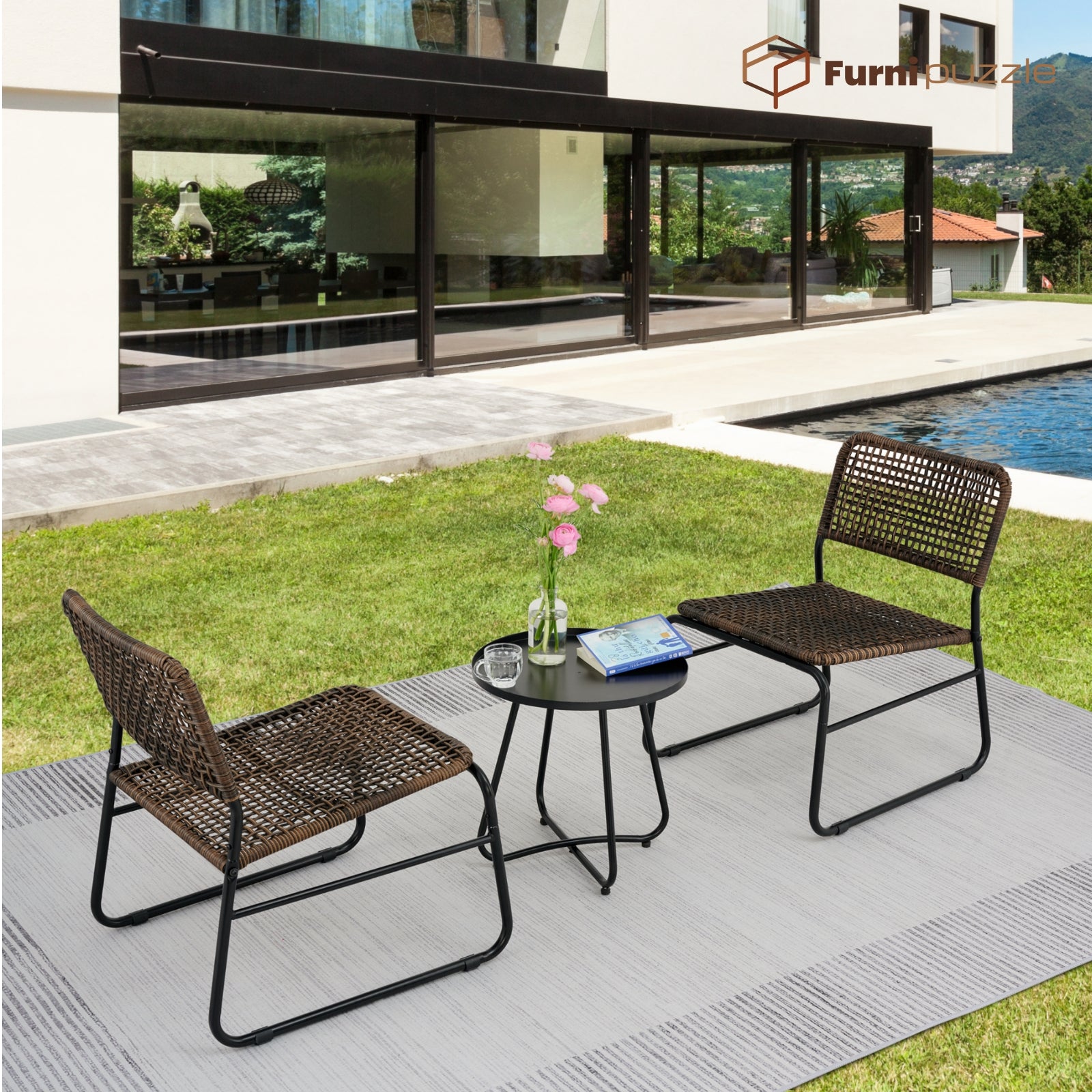 Furnipuzzle Wicker 2-Chair and Coffee Table Outdoor Set - Lightweight Design for Courtyard Use