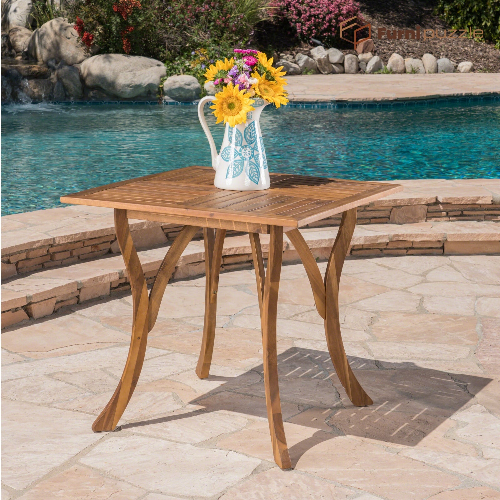 Furnipuzzle Square Wood Small Table Outdoor Side Coffee Tables for Patio & Poolside