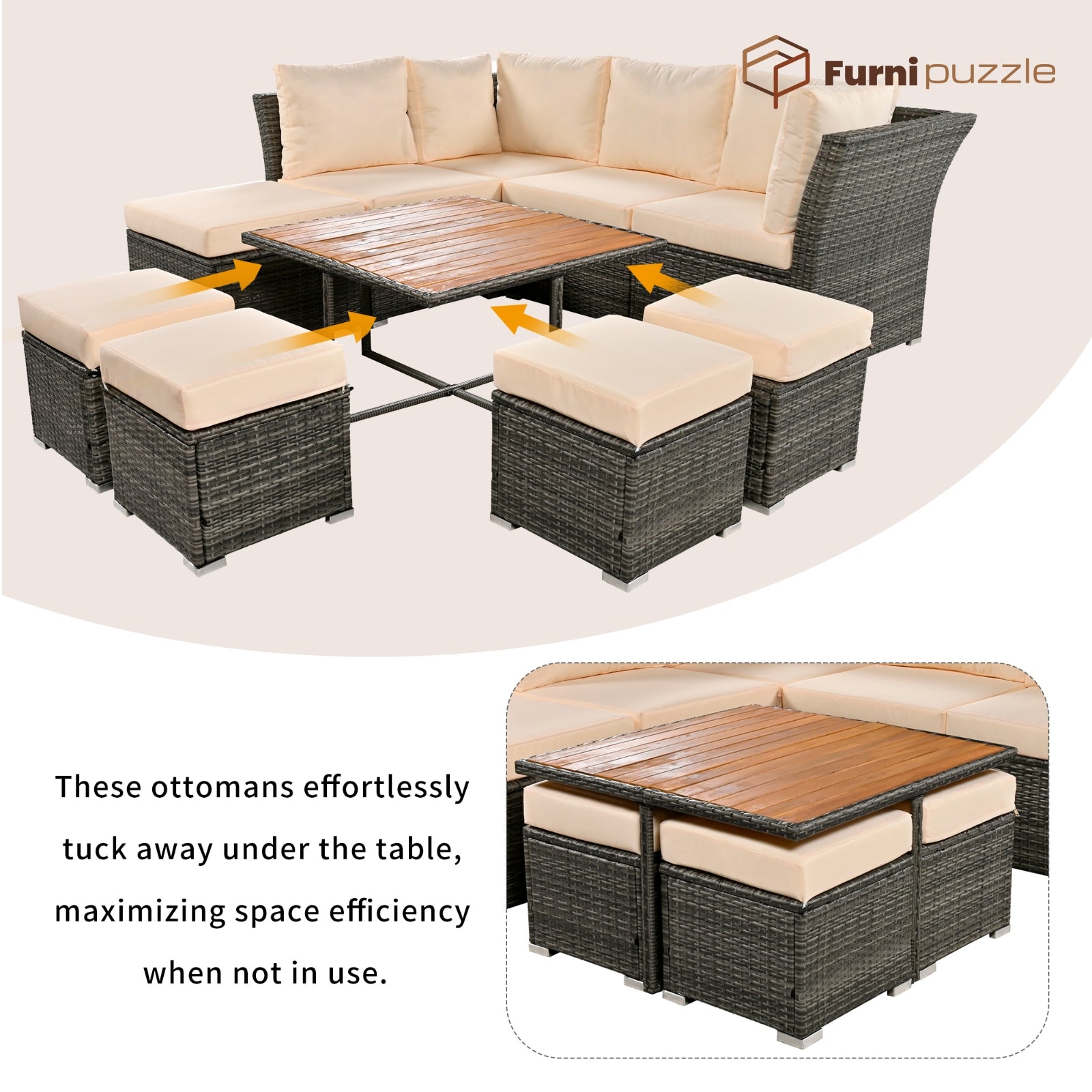 Furnipuzzle Minimalist Beige Wicker 10-Piece Patio Furniture Set with Footstool and Coffee Table