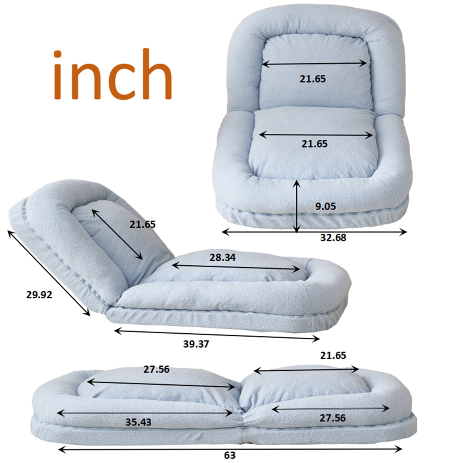 Furnipuzzle Upholstered Foldable Lounge Chair Bean Bag Sofa with Adjustable Backrest