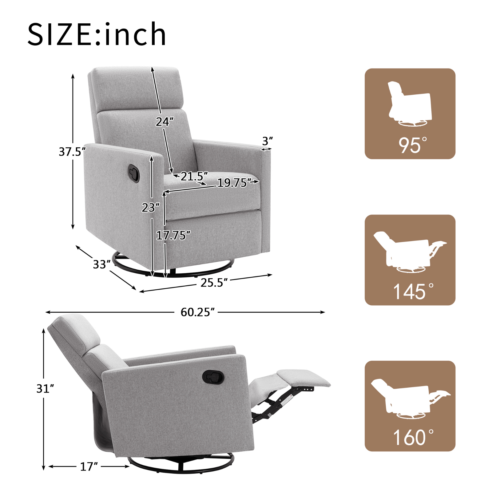 Furnipuzzle Modern Upholstered Rocker Swivel Rocking Recliner Chair Nursery Rocking Chair