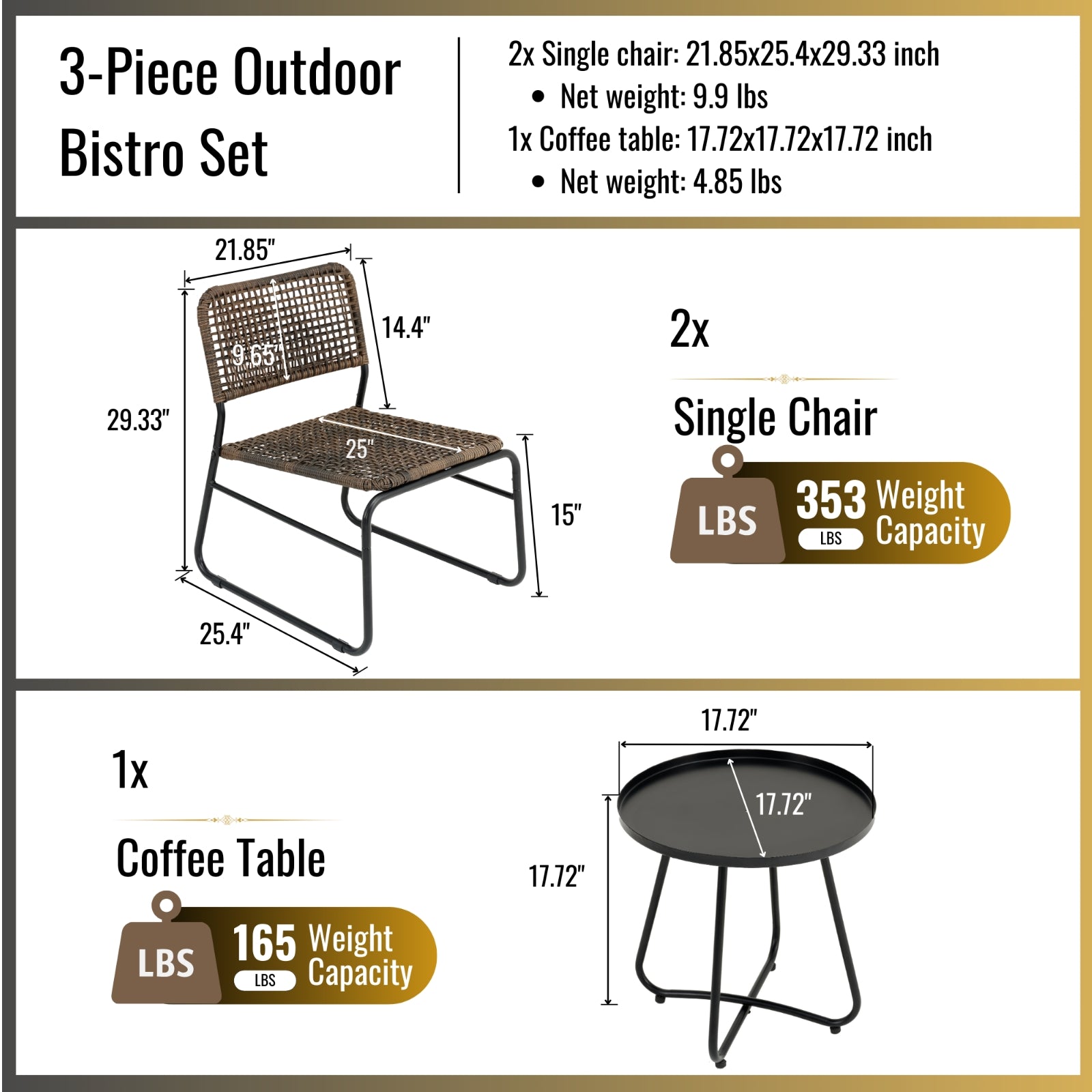 Furnipuzzle Wicker 2-Chair and Coffee Table Outdoor Set - Lightweight Design for Courtyard Use