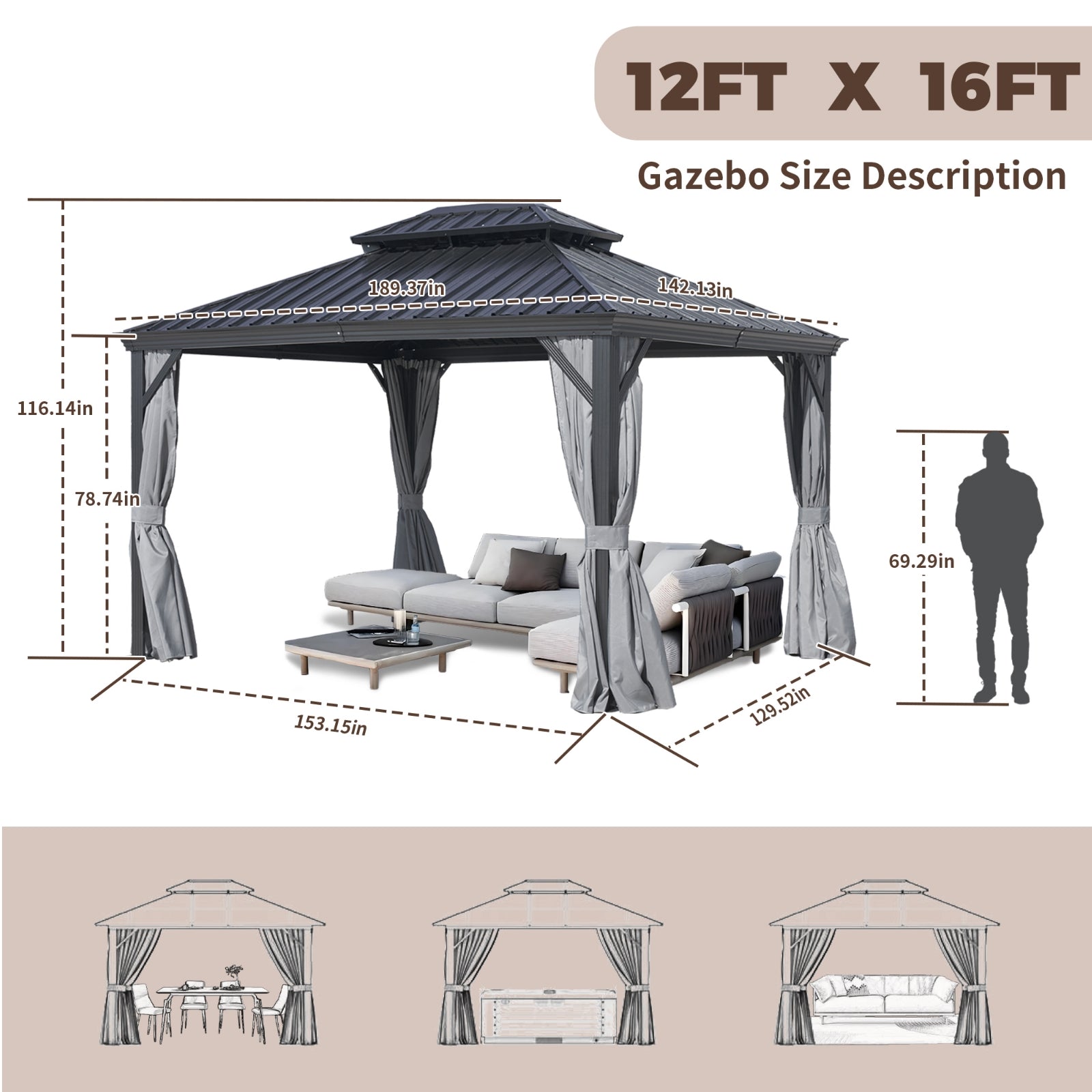 Furnipuzzle Hardtop Gazebo Double Roof Outdoor Garden with Mesh and Curtains