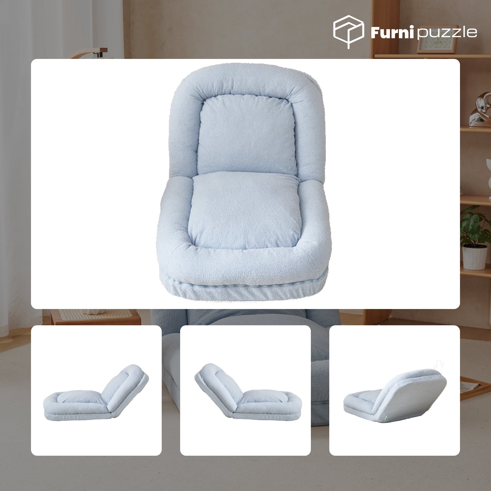Furnipuzzle Upholstered Foldable Lounge Chair Bean Bag Sofa with Adjustable Backrest