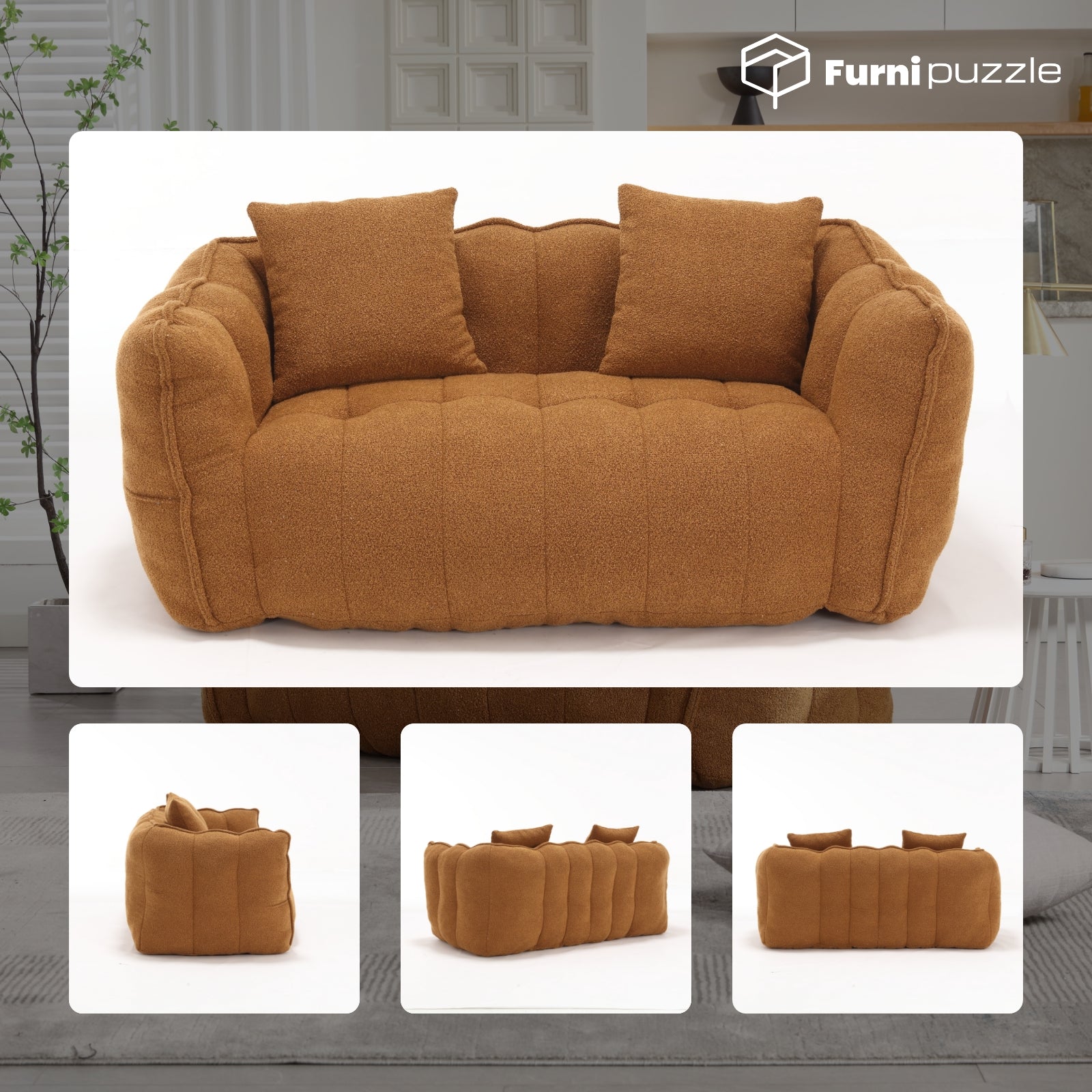 Bean Bag Sofa Chair Flannel Loveseat Lazy Floor Sofa Couch With 2 Pillows