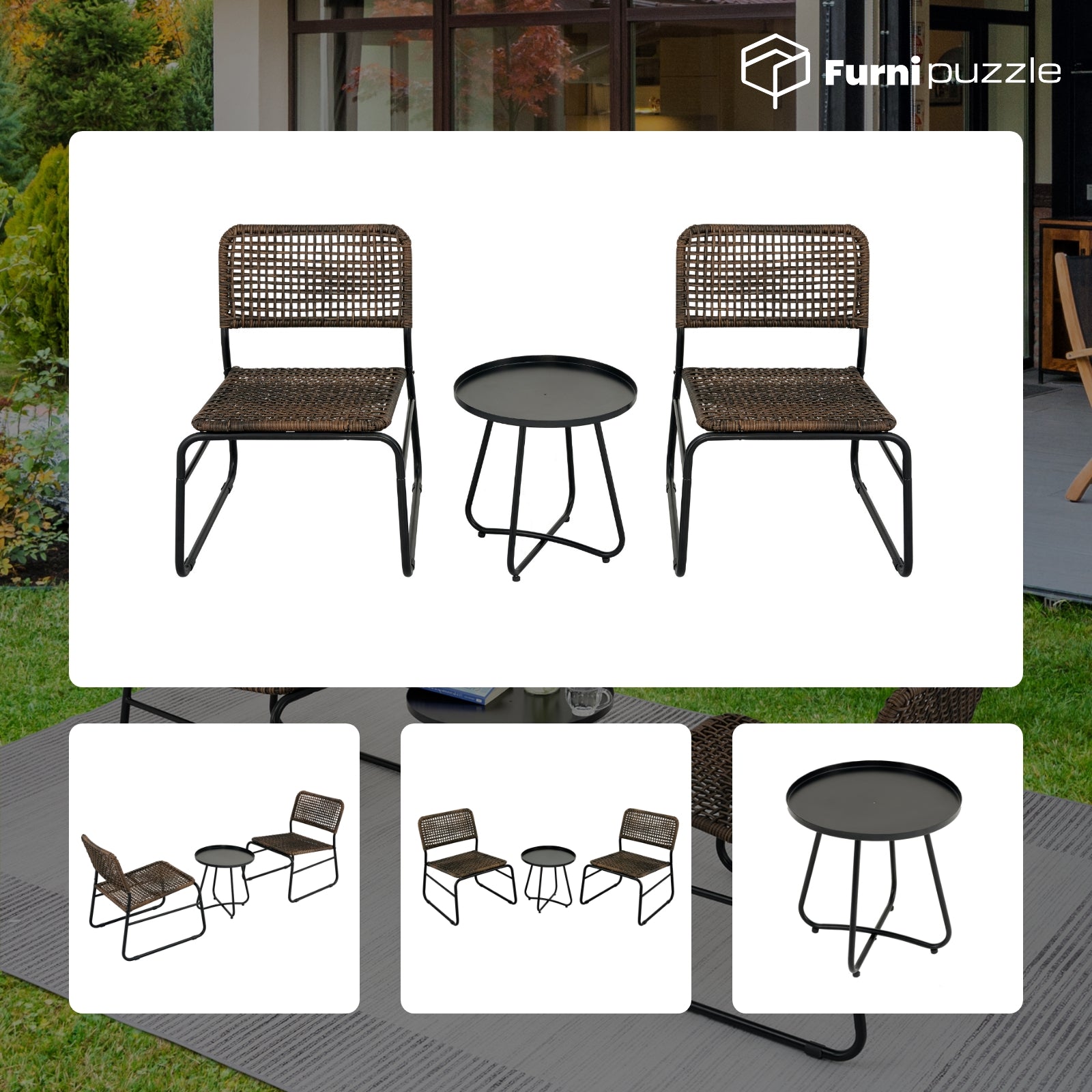 Furnipuzzle Wicker 2-Chair and Coffee Table Outdoor Set - Lightweight Design for Courtyard Use