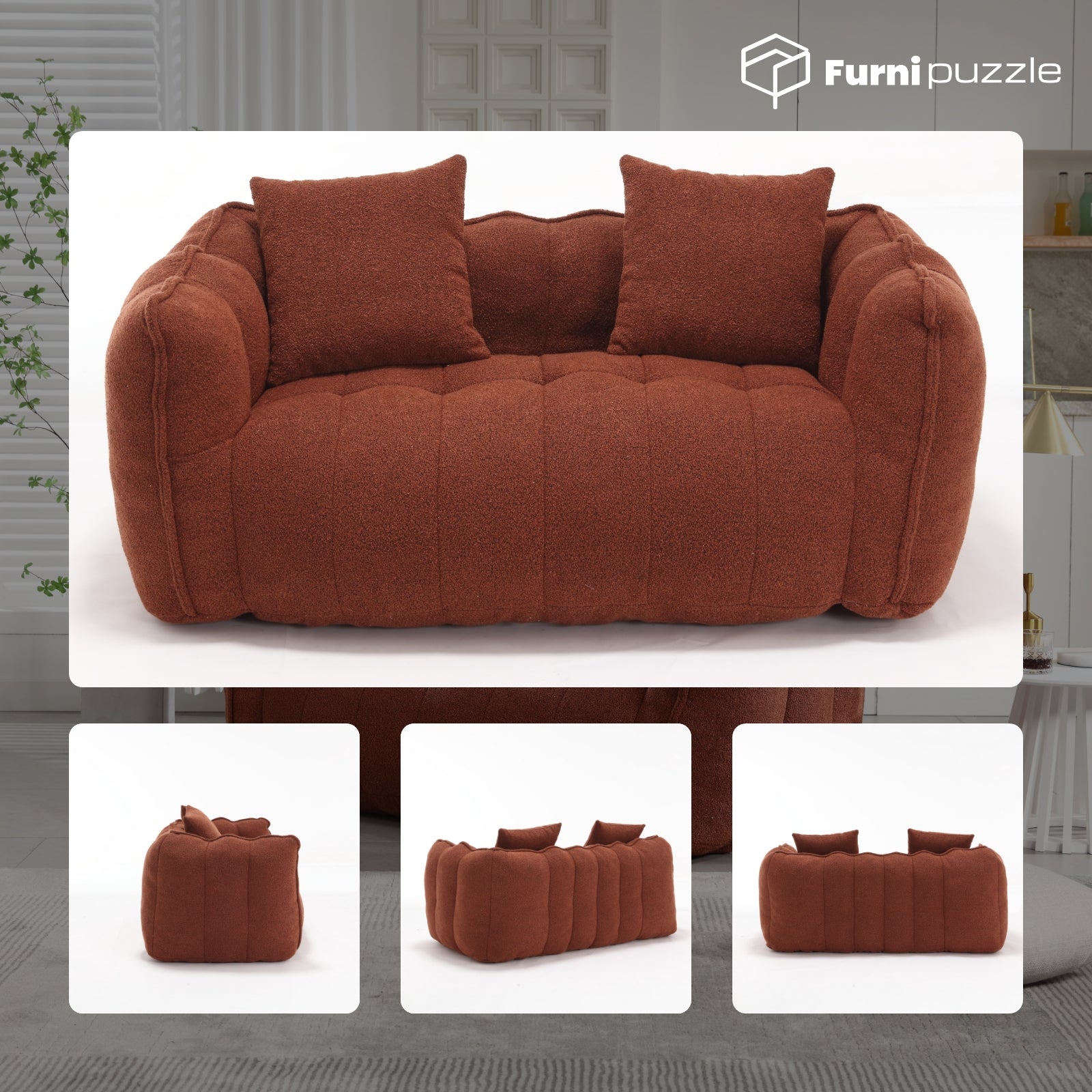 Bean Bag Sofa Chair Flannel Loveseat Lazy Floor Sofa Couch With 2 Pillows
