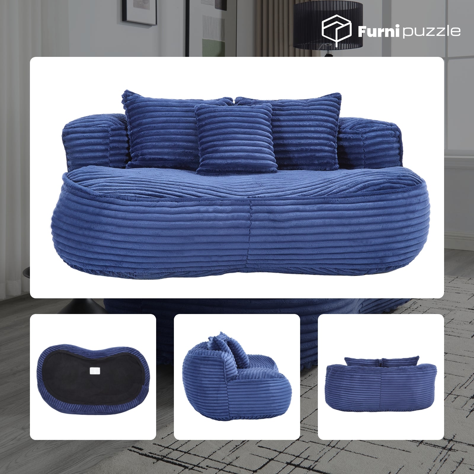 Modern Lazy Bean Bag Sofa Lounger Chair with 3 Pillows for Adults & Kids