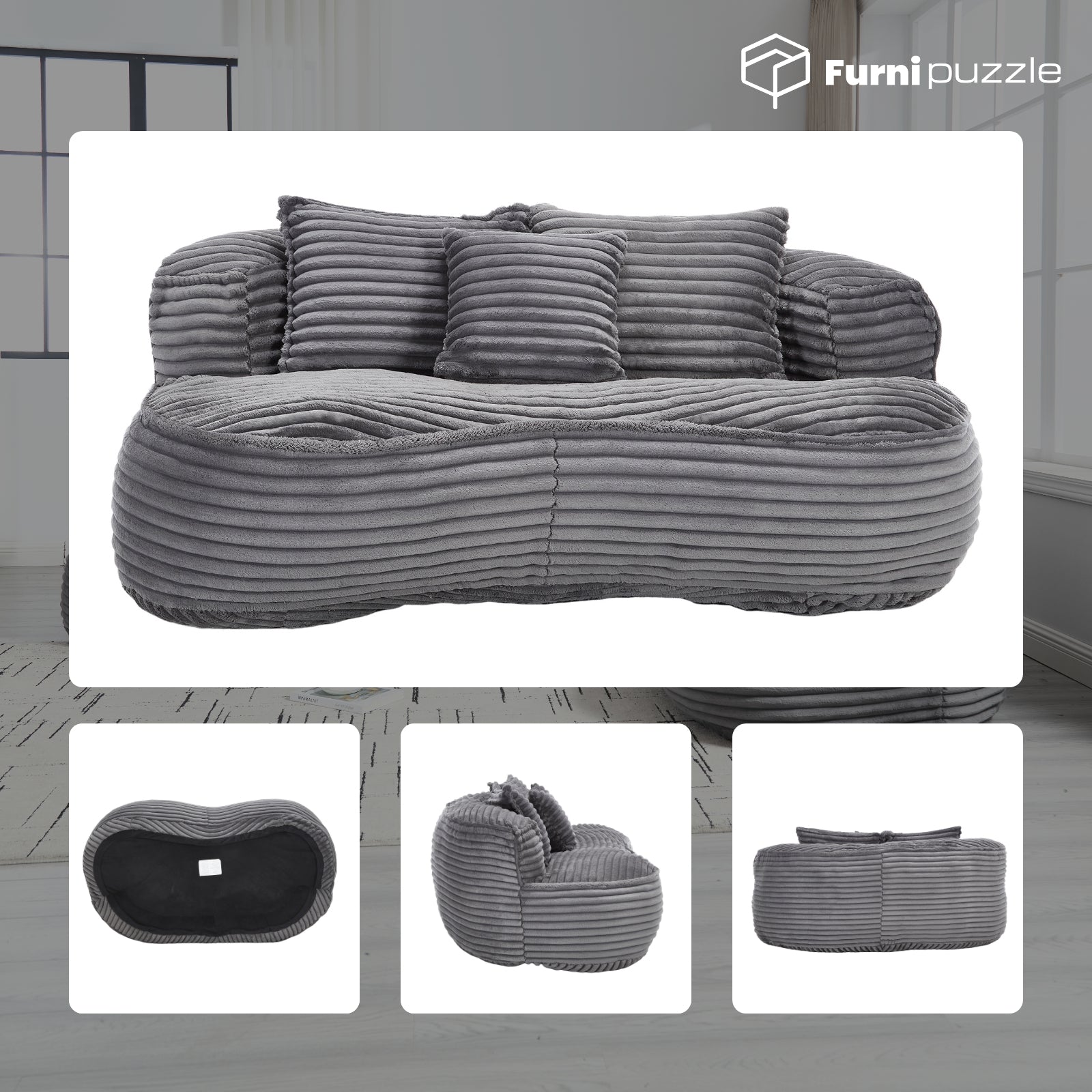 Modern Lazy Bean Bag Sofa Lounger Chair with 3 Pillows for Adults & Kids