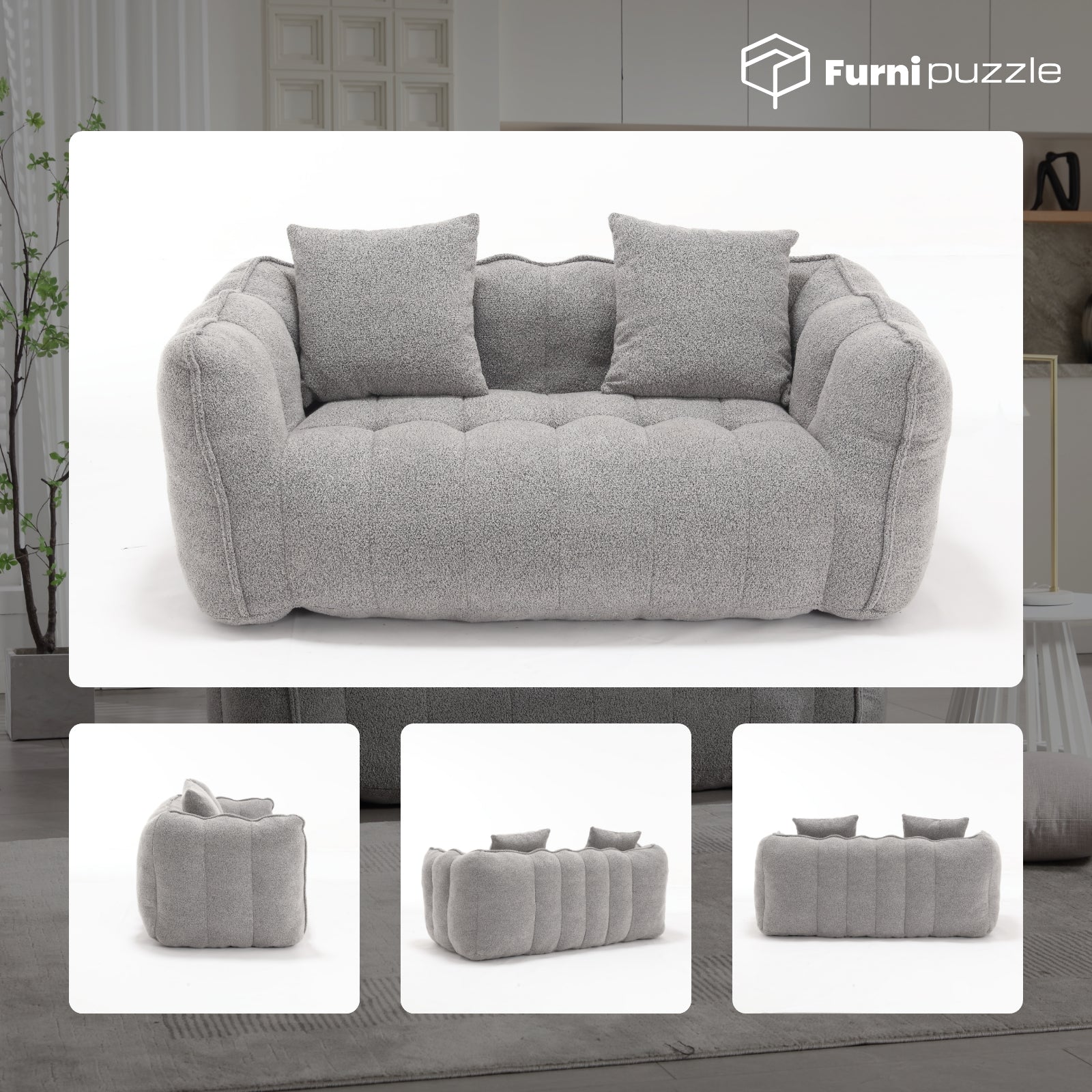 Bean Bag Sofa Chair Flannel Loveseat Lazy Floor Sofa Couch With 2 Pillows