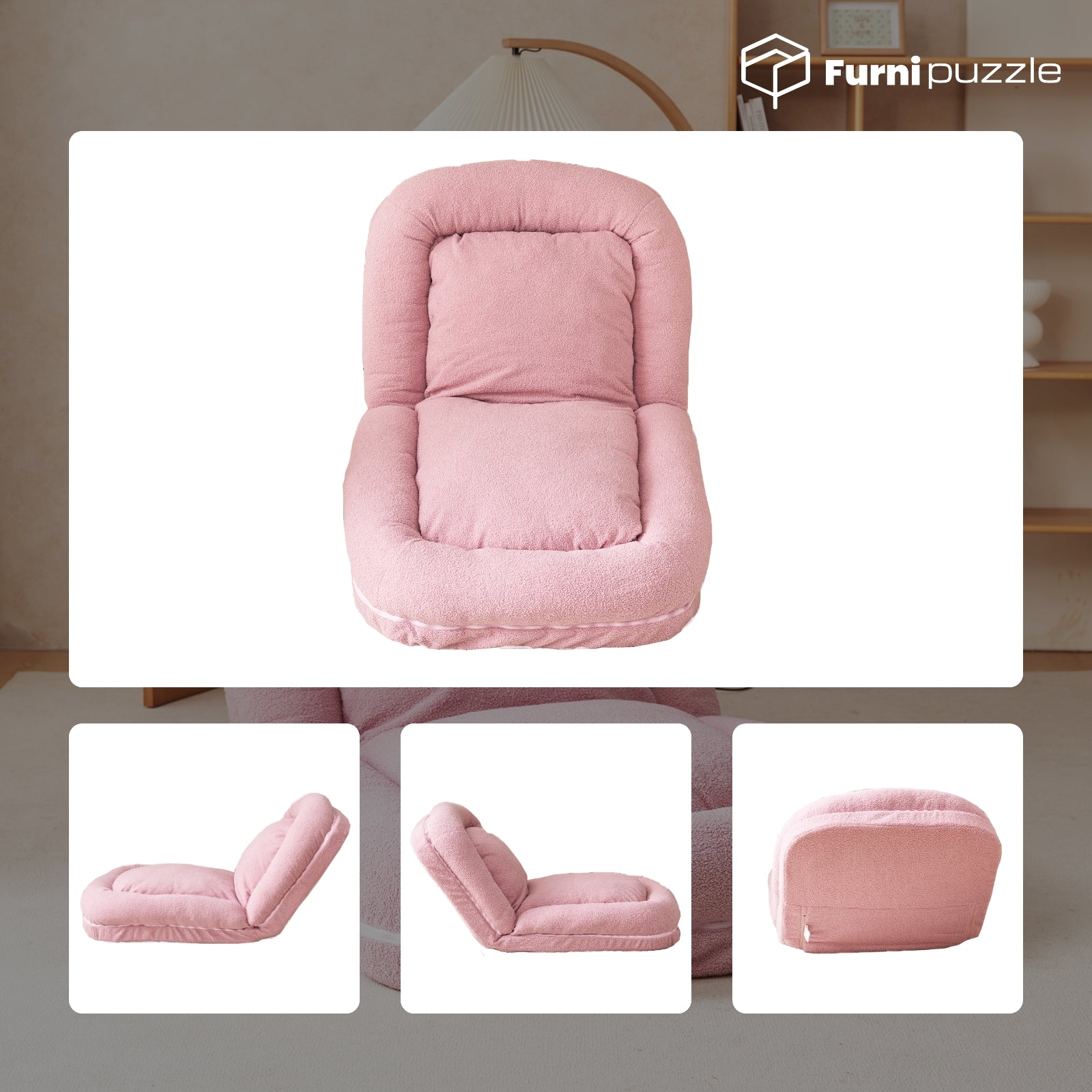 Furnipuzzle Upholstered Foldable Lounge Chair Bean Bag Sofa with Adjustable Backrest