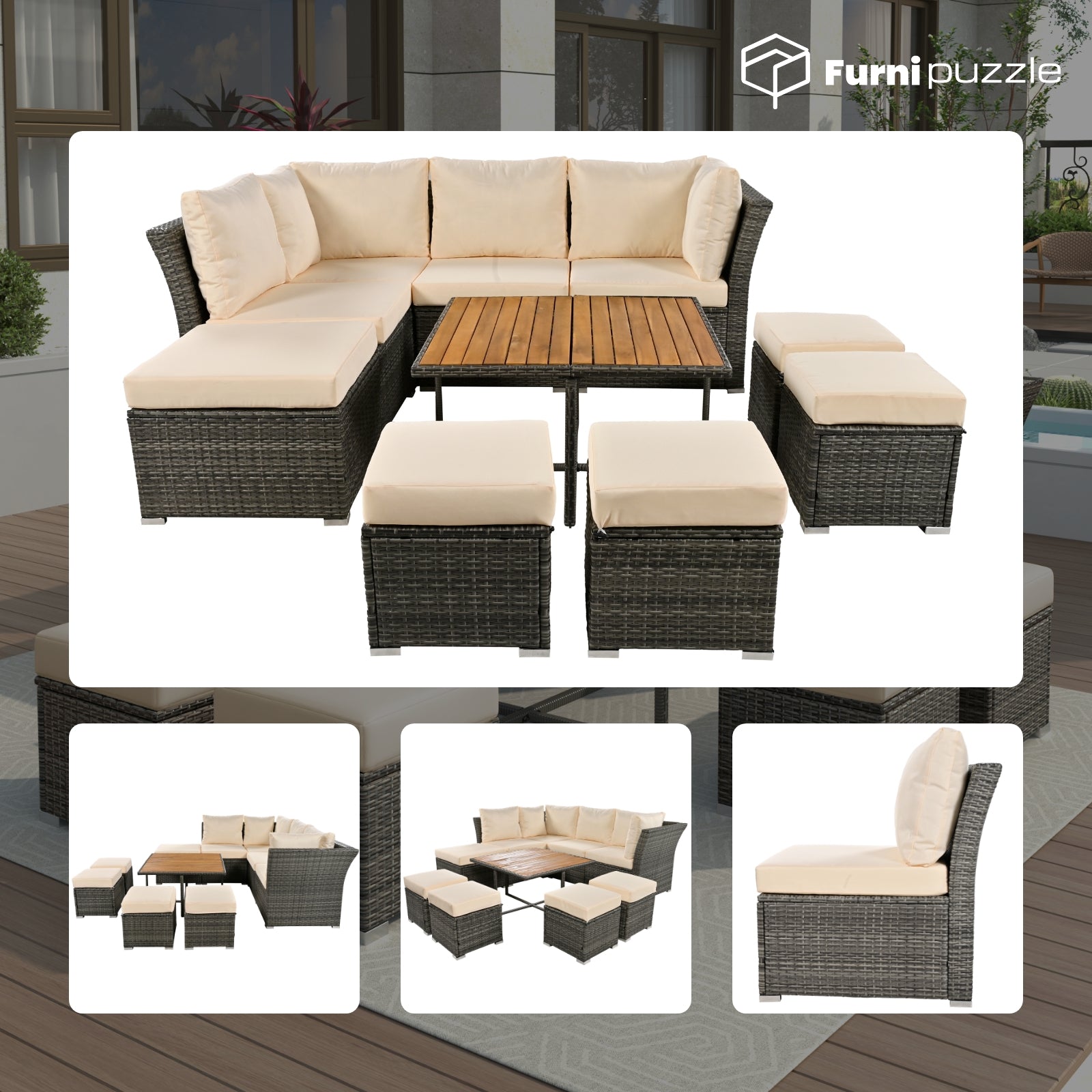 Furnipuzzle Minimalist Beige Wicker 10-Piece Patio Furniture Set with Footstool and Coffee Table