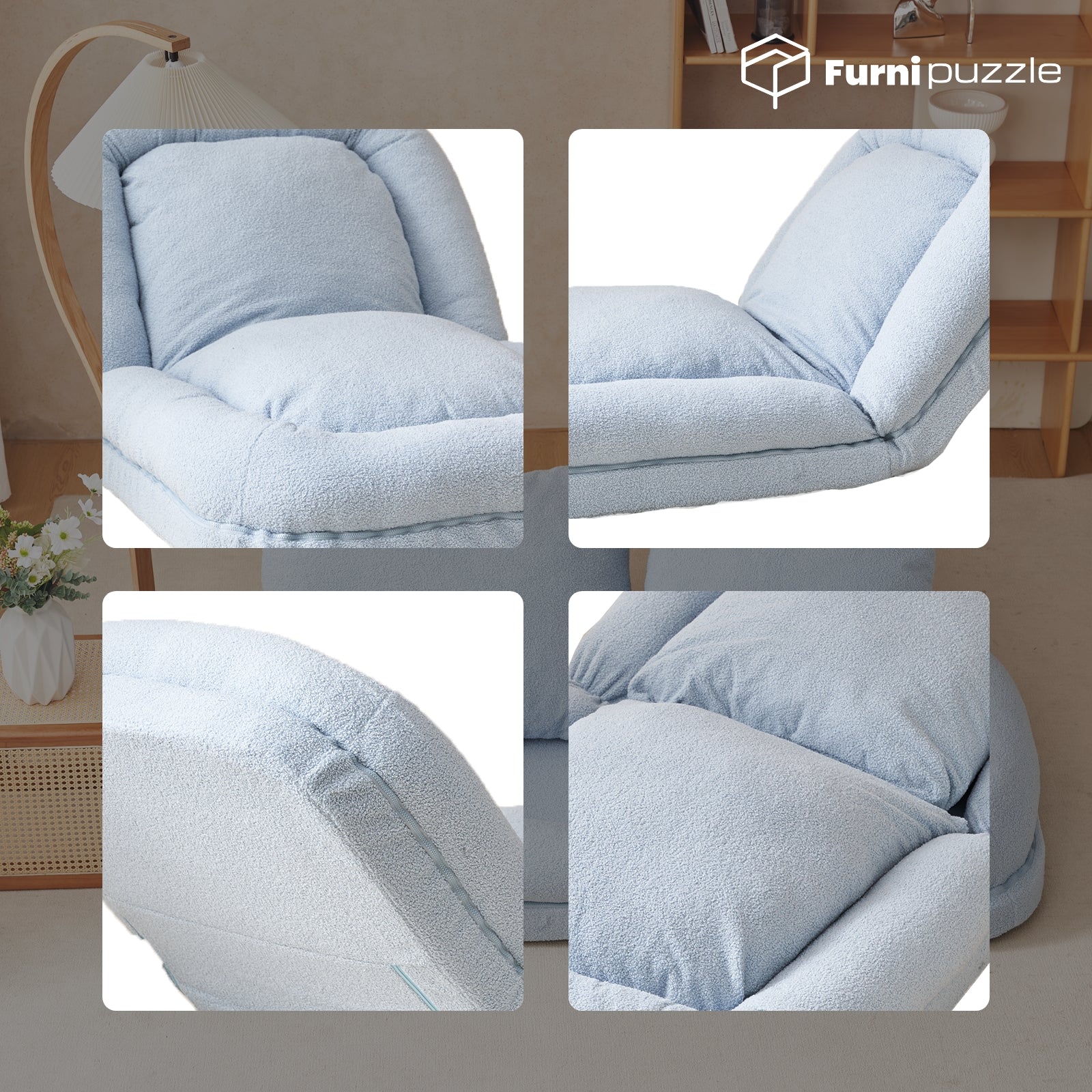 Furnipuzzle Upholstered Foldable Lounge Chair Bean Bag Sofa with Adjustable Backrest