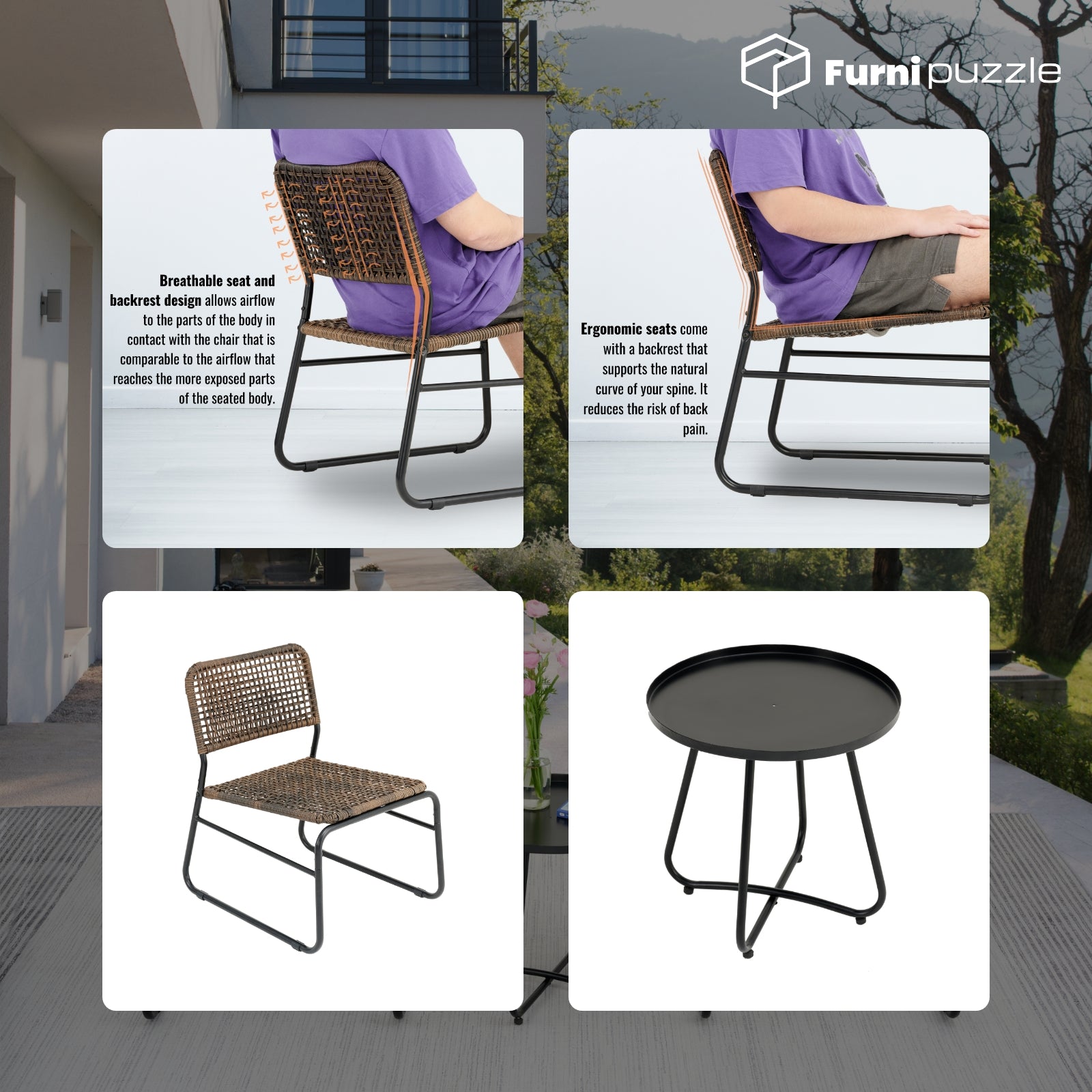 Furnipuzzle Wicker 2-Chair and Coffee Table Outdoor Set - Lightweight Design for Courtyard Use