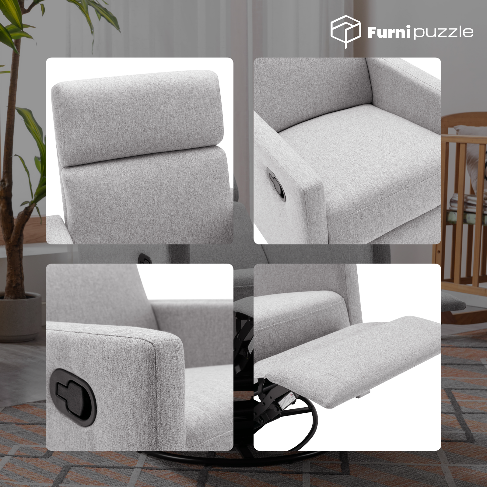Furnipuzzle Modern Upholstered Rocker Swivel Rocking Recliner Chair Nursery Rocking Chair
