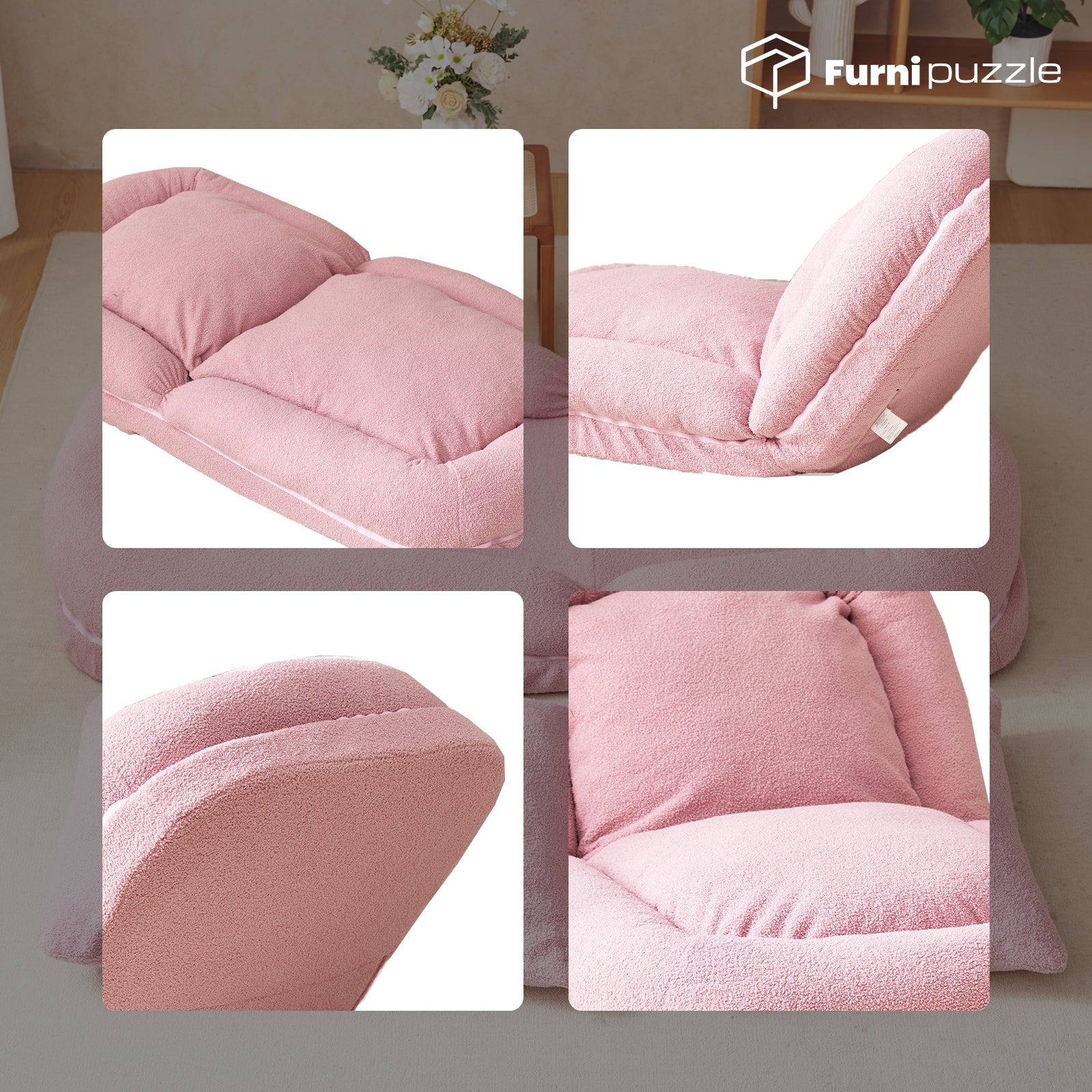 Furnipuzzle Upholstered Foldable Lounge Chair Bean Bag Sofa with Adjustable Backrest
