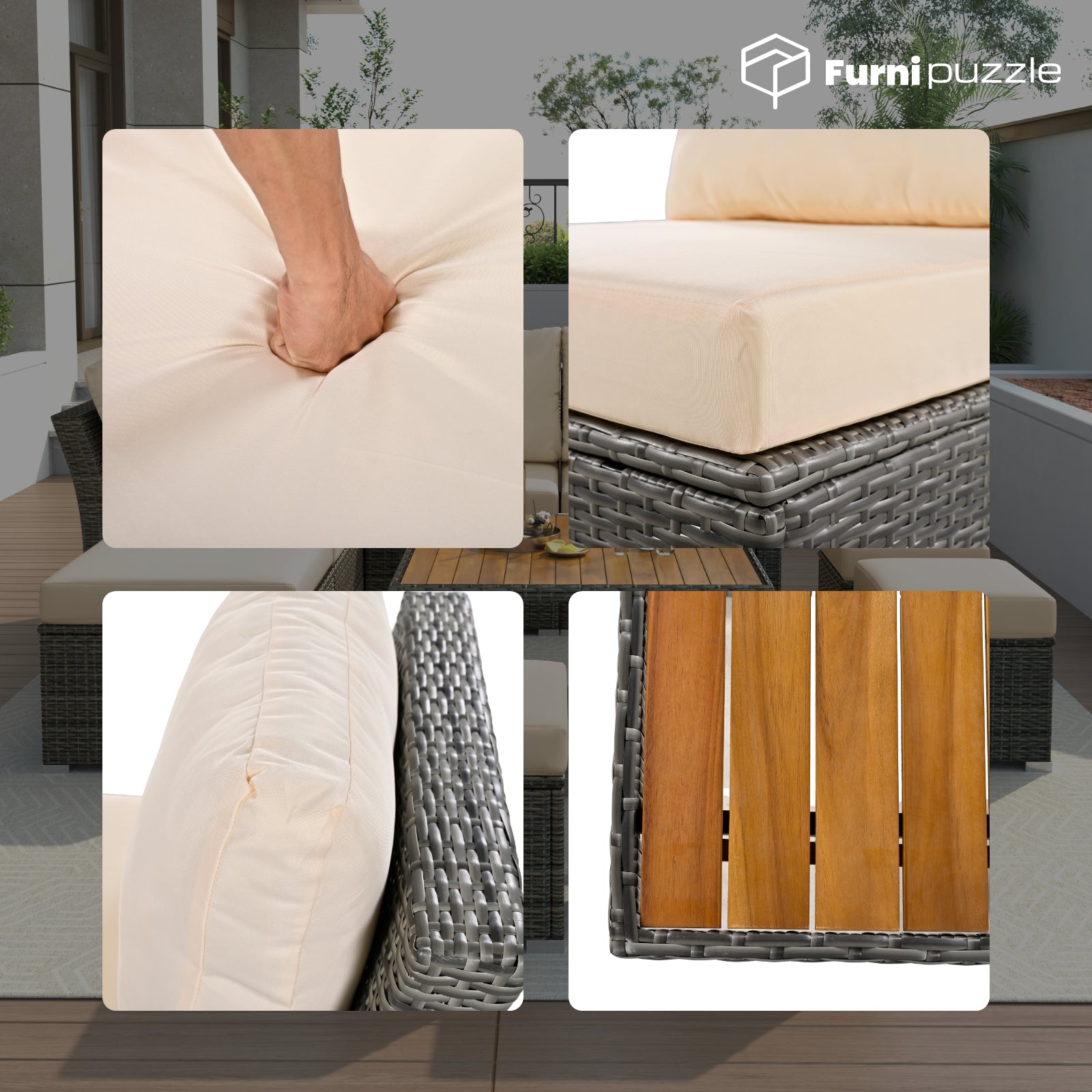 Furnipuzzle Minimalist Beige Wicker 10-Piece Patio Furniture Set with Footstool and Coffee Table