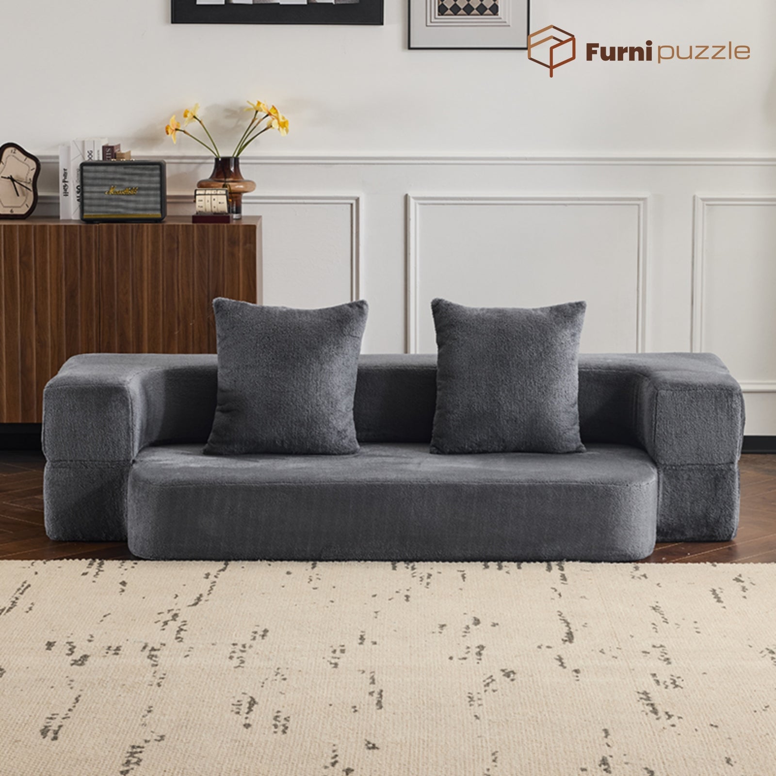 Furnipuzzle Cloud 3-in-1 Folding Sofa Bed – Twin Size Convertible Couch with 2 Pillows Grey