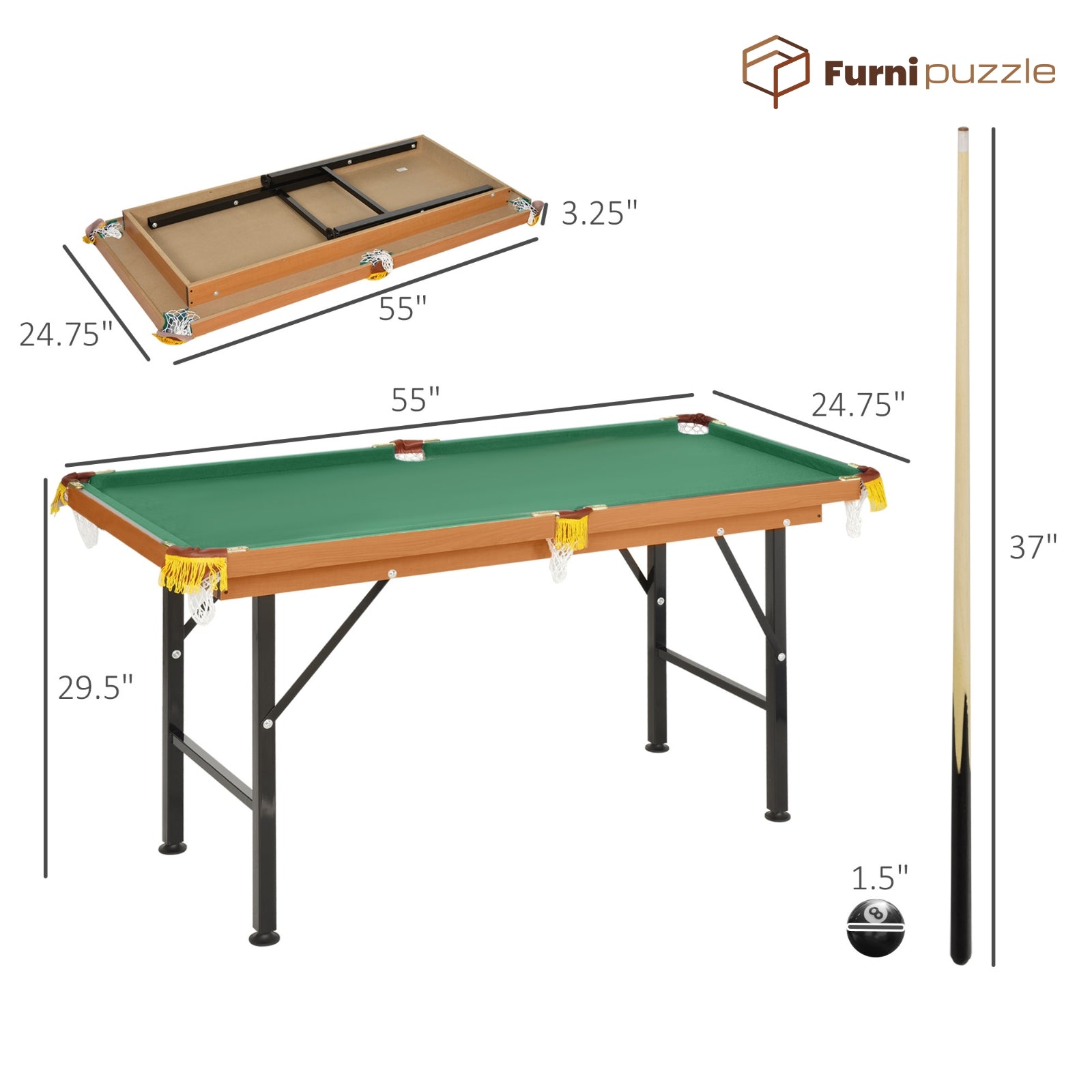Furnipuzzle Fun Indoor Mini Pool Table - Green MDF Design for Living Room and Game Room Use