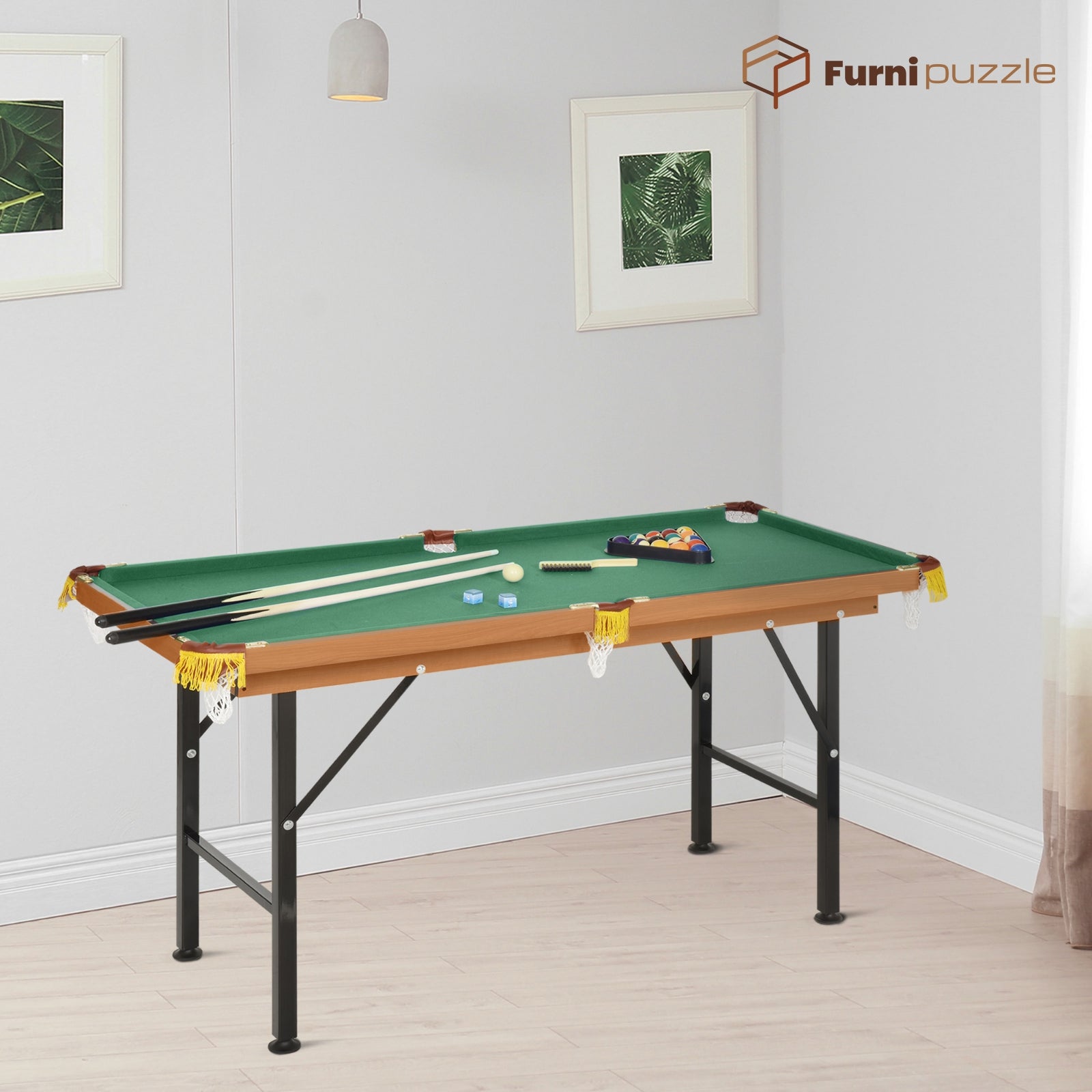 Furnipuzzle Fun Indoor Mini Pool Table - Green MDF Design for Living Room and Game Room Use