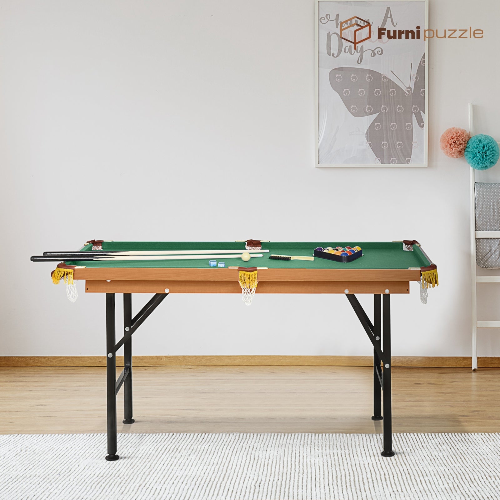 Furnipuzzle Fun Indoor Mini Pool Table - Green MDF Design for Living Room and Game Room Use