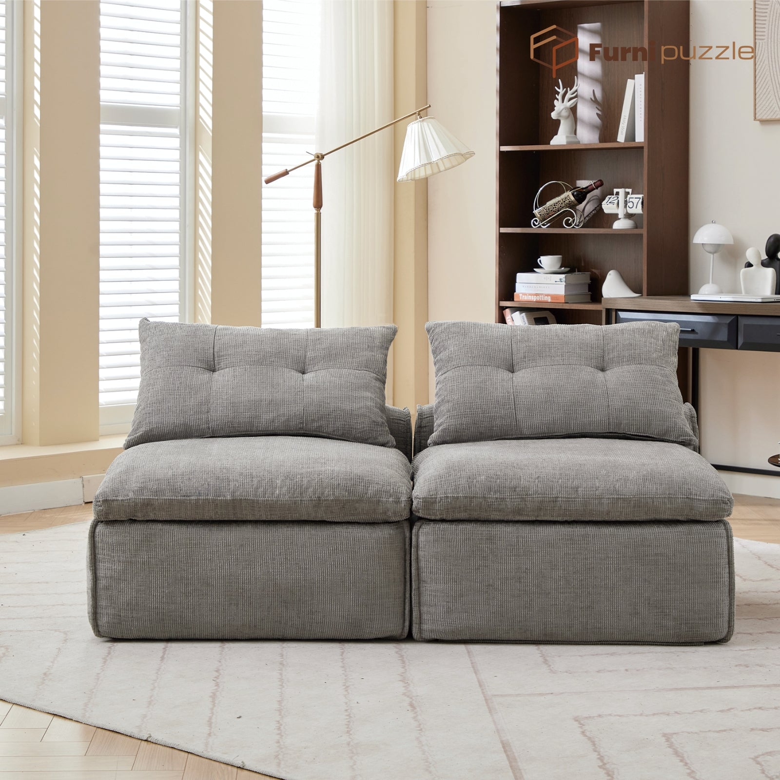 Furnipuzzle Modular Armless Loveseat – Includes 2 Neck Pillows and 2 Waist Pillows