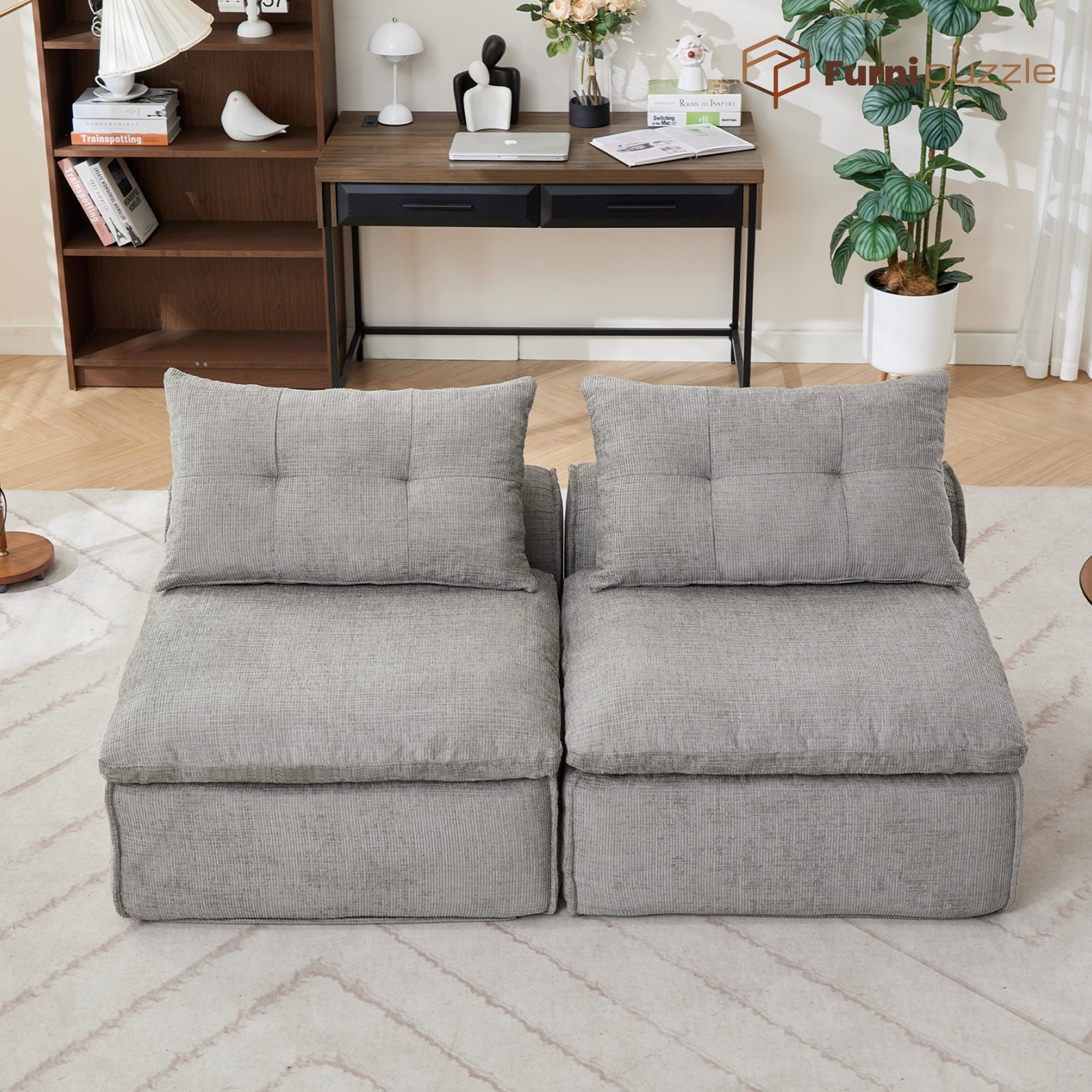 Modular Sofa Armless Loveseat With 2 Neck Pillows and 2 Waist Pillows