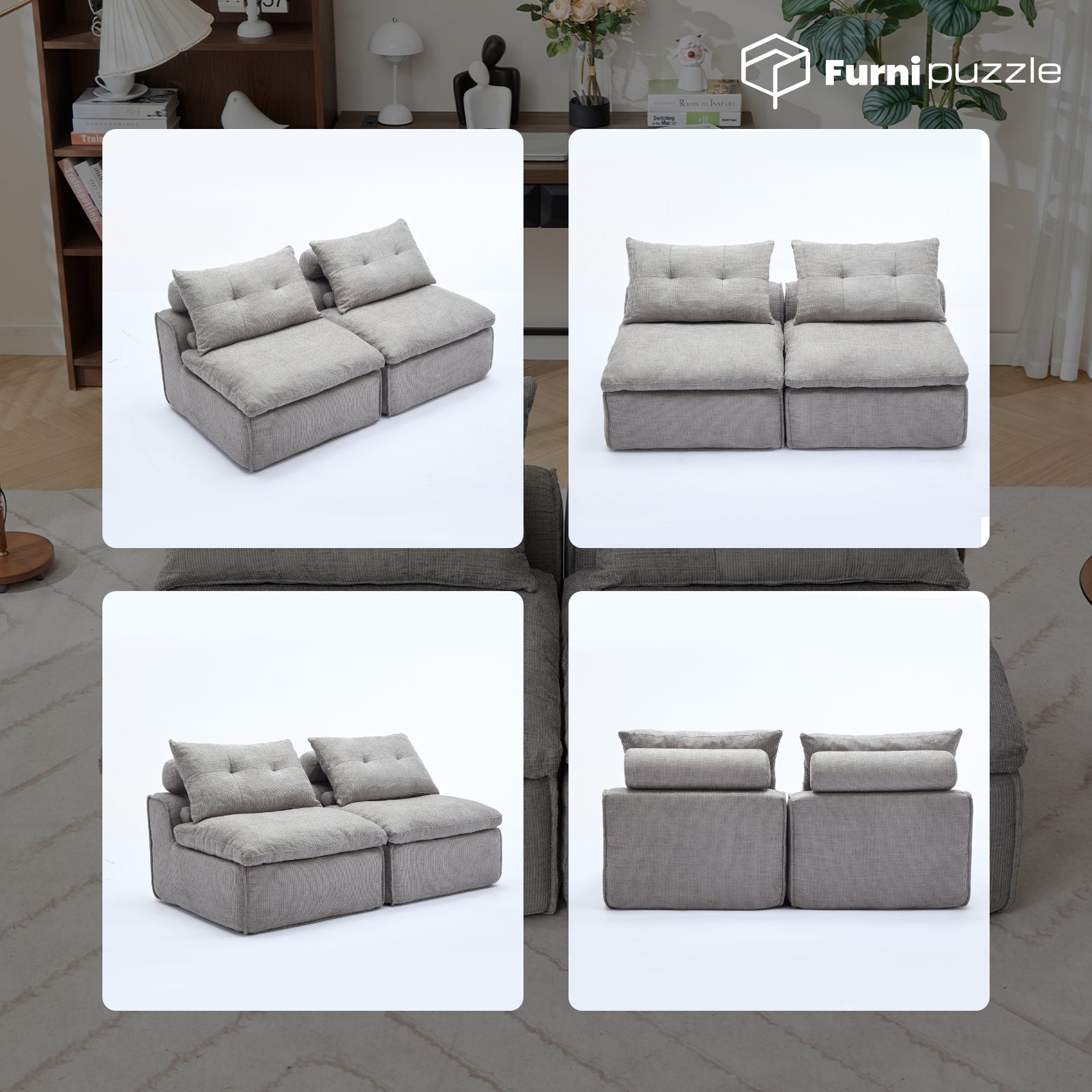 Modular Sofa Armless Loveseat With 2 Neck Pillows and 2 Waist Pillows
