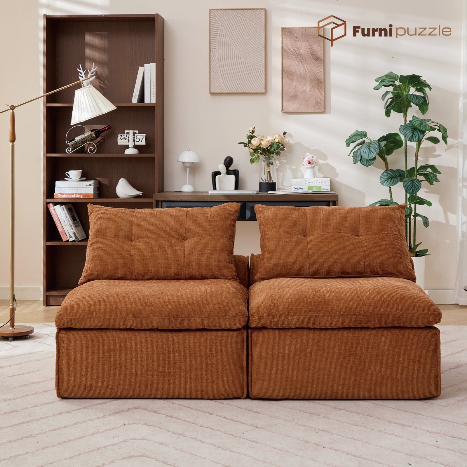 Modular Sofa Armless Loveseat With 2 Neck Pillows and 2 Waist Pillows