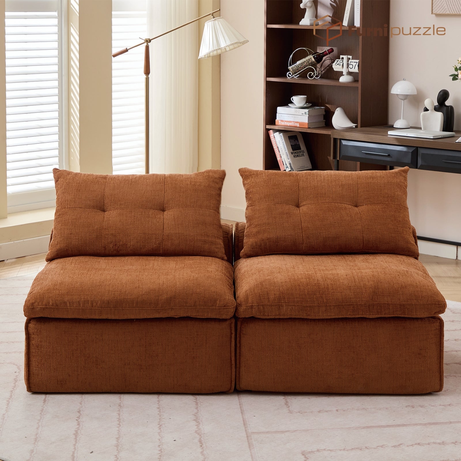 Modular Sofa Armless Loveseat With 2 Neck Pillows and 2 Waist Pillows