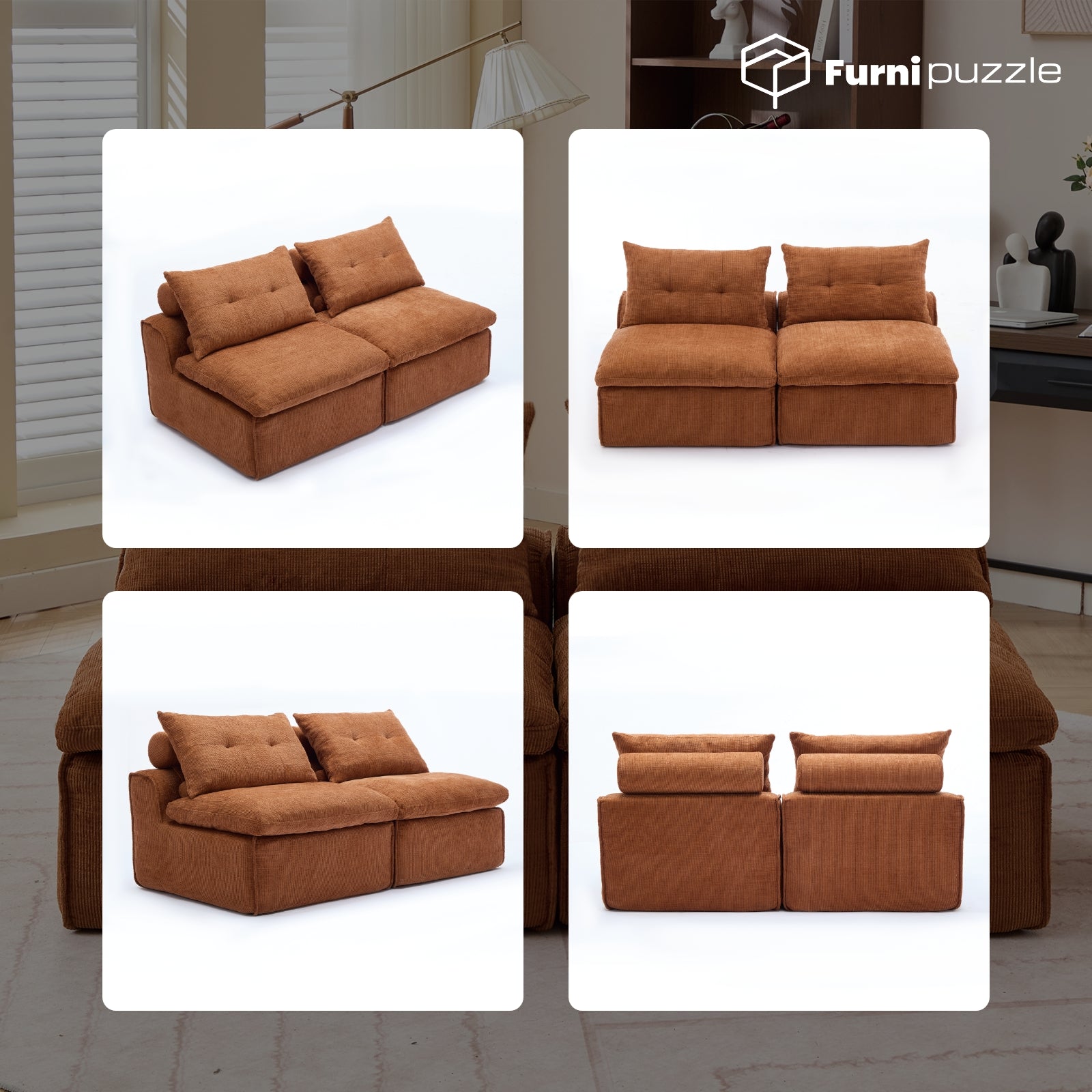 Modular Sofa Armless Loveseat With 2 Neck Pillows and 2 Waist Pillows
