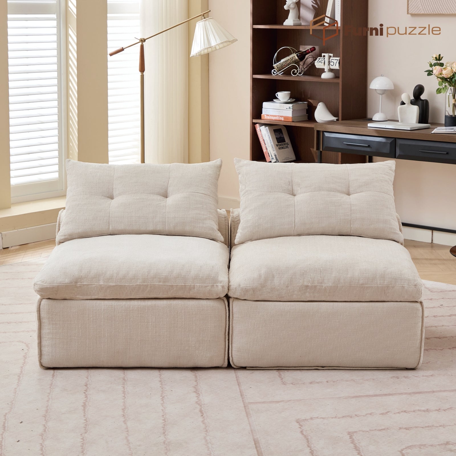Modular Sofa Armless Loveseat With 2 Neck Pillows and 2 Waist Pillows