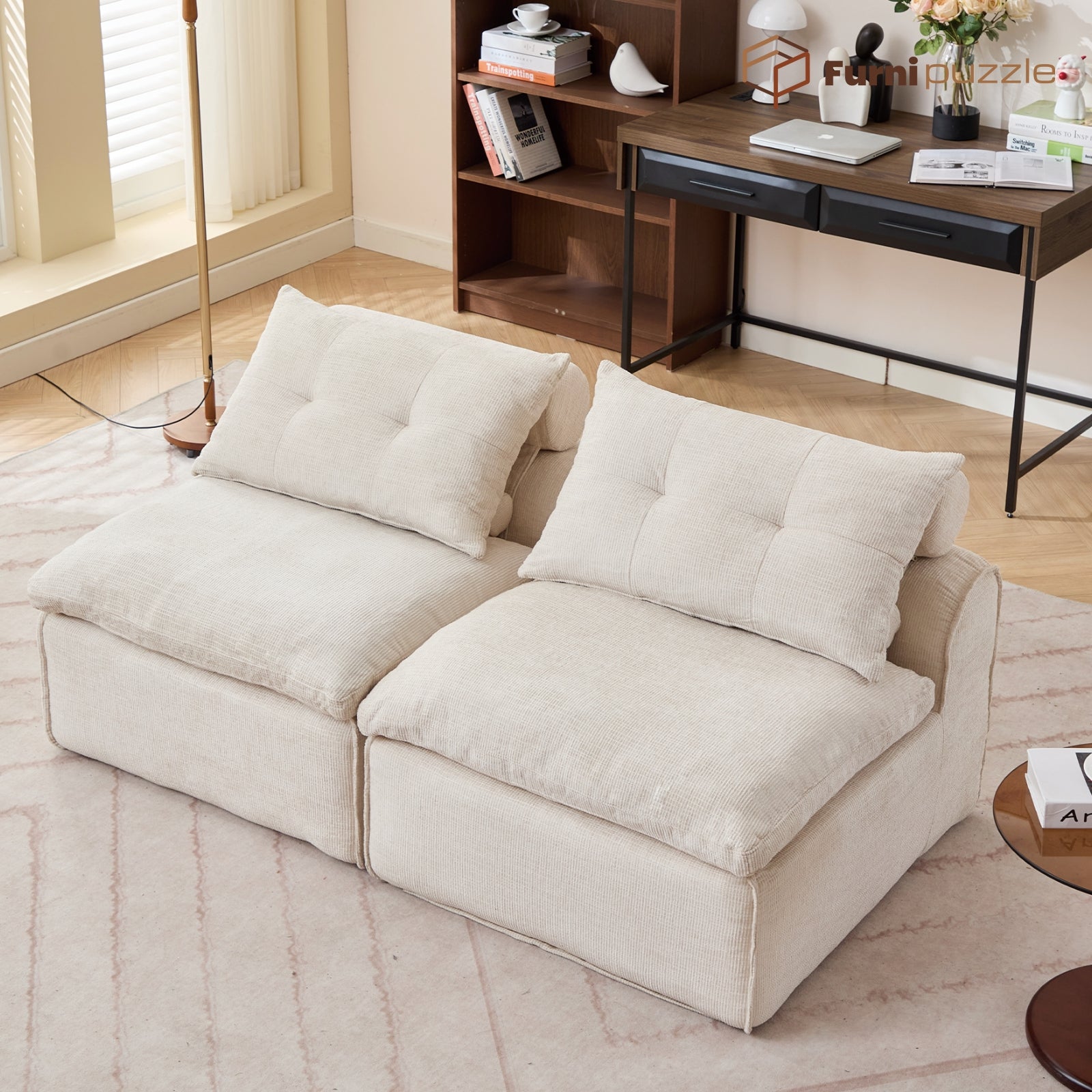 Modular Sofa Armless Loveseat With 2 Neck Pillows and 2 Waist Pillows