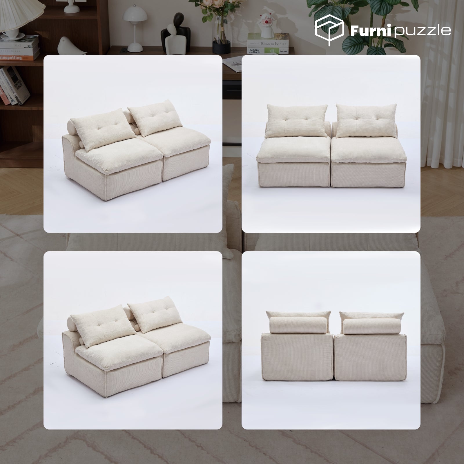 Modular Sofa Armless Loveseat With 2 Neck Pillows and 2 Waist Pillows