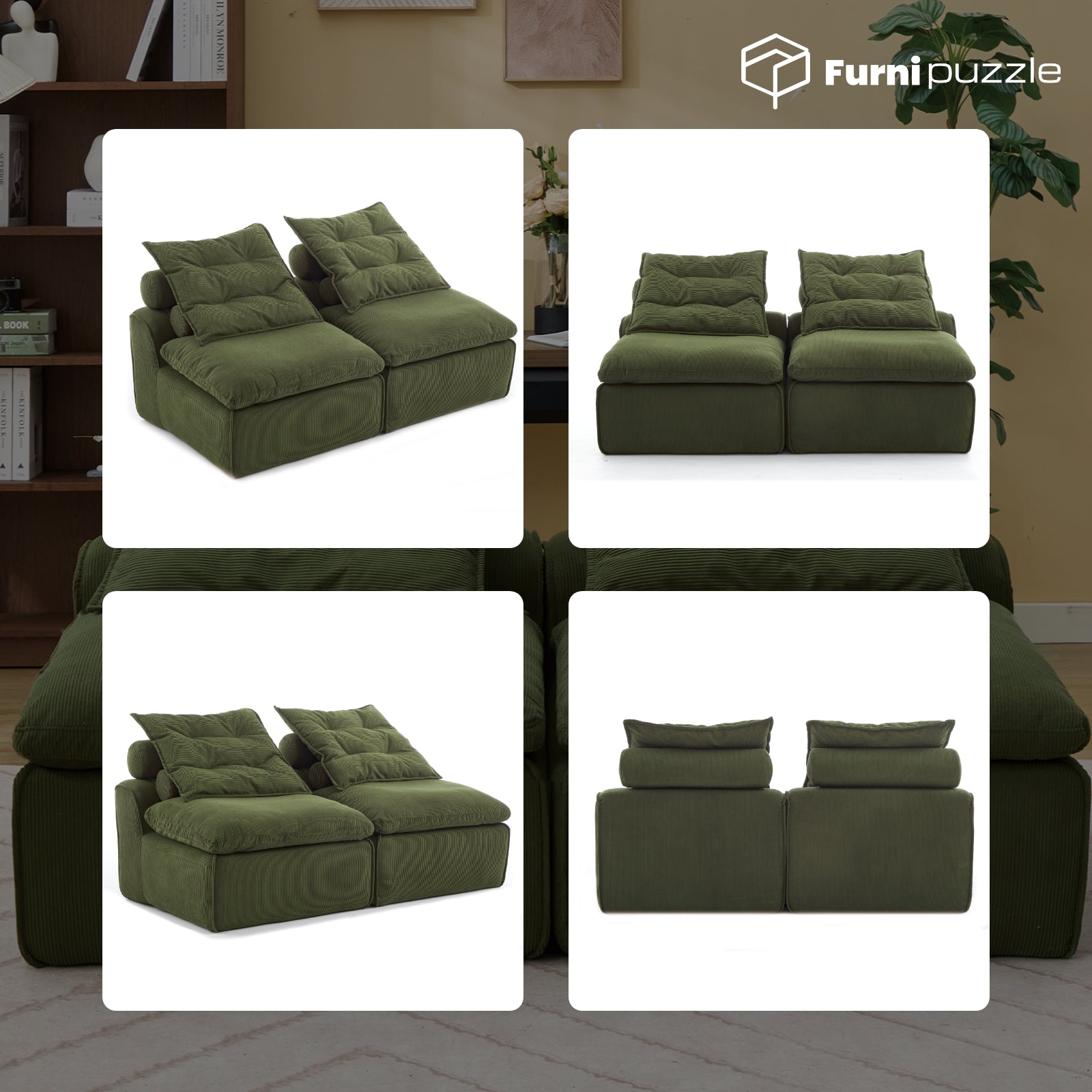 Modular Sofa Armless Loveseat With 2 Neck Pillows and 2 Waist Pillows