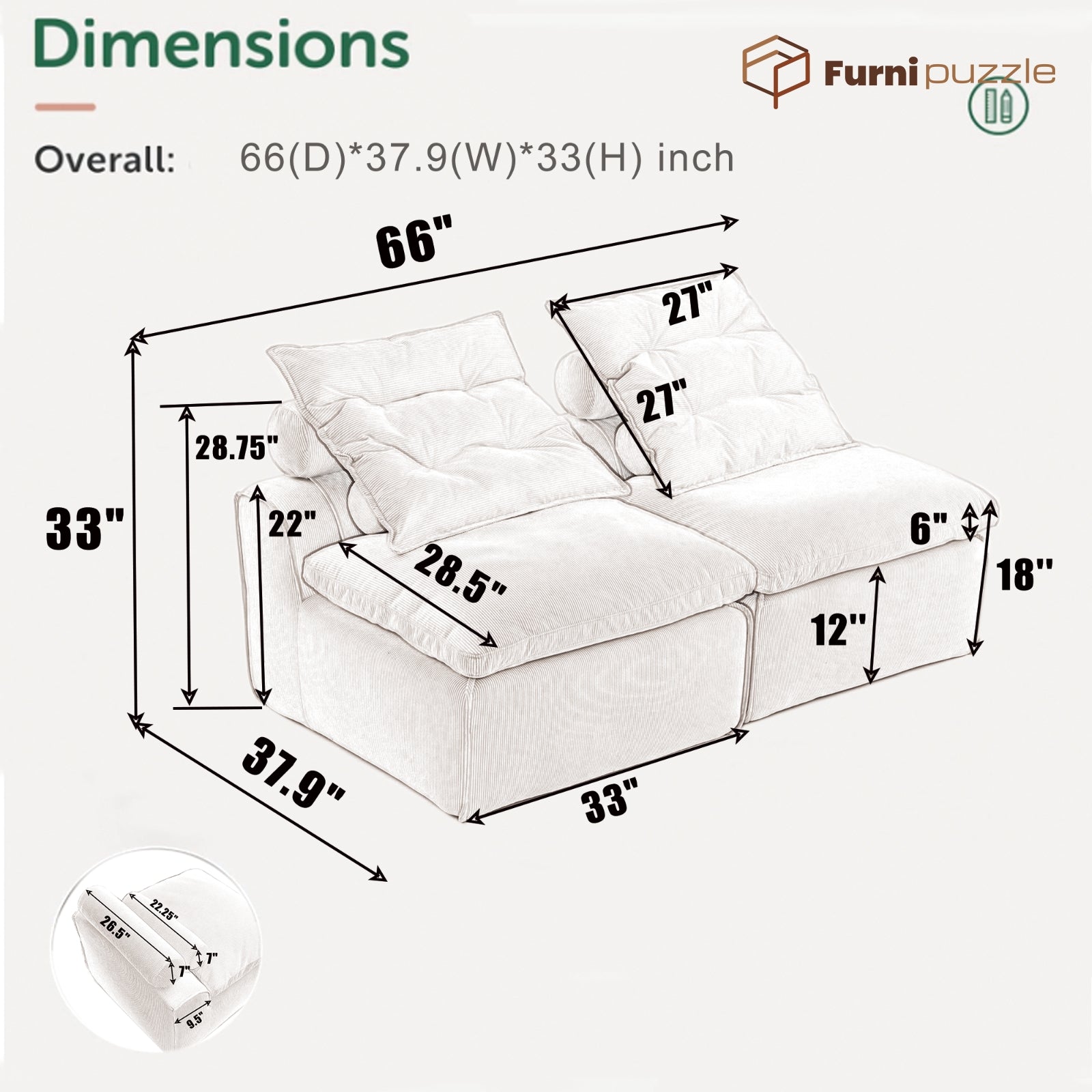 Modular Sofa Armless Loveseat With 2 Neck Pillows and 2 Waist Pillows