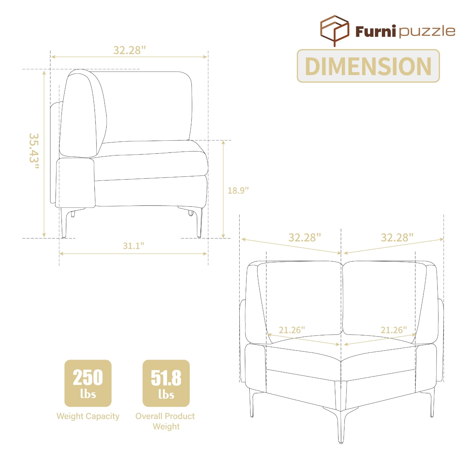 Furnipuzzle Corduroy Armless Modular Sofa - Modern Minimalist Style