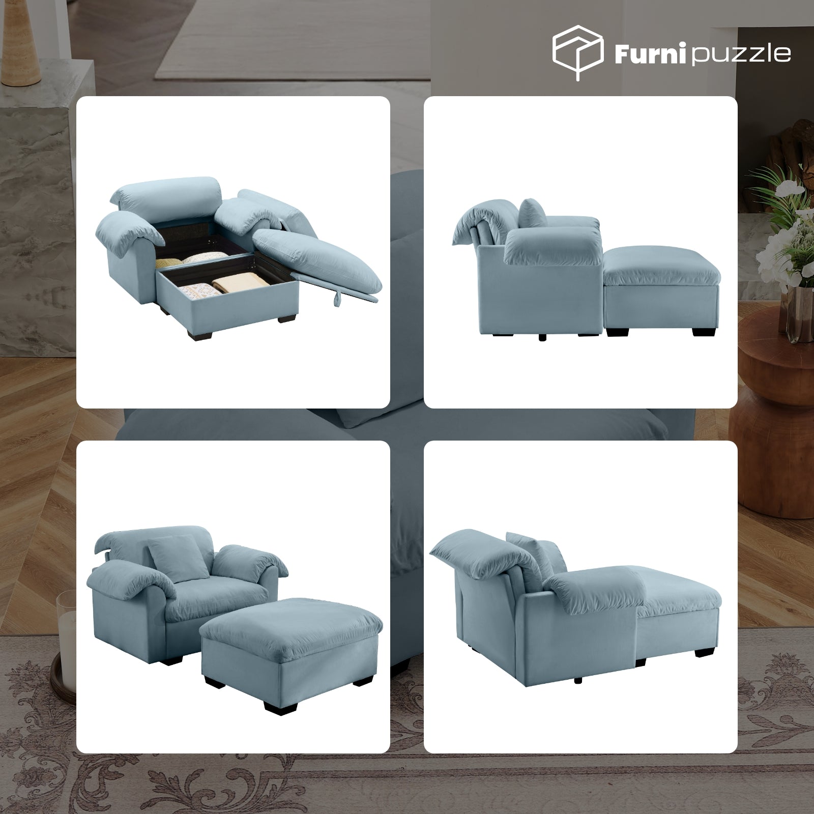 Furnipuzzle Velvet Armless Modular Sofa with Storage and Ottoman
