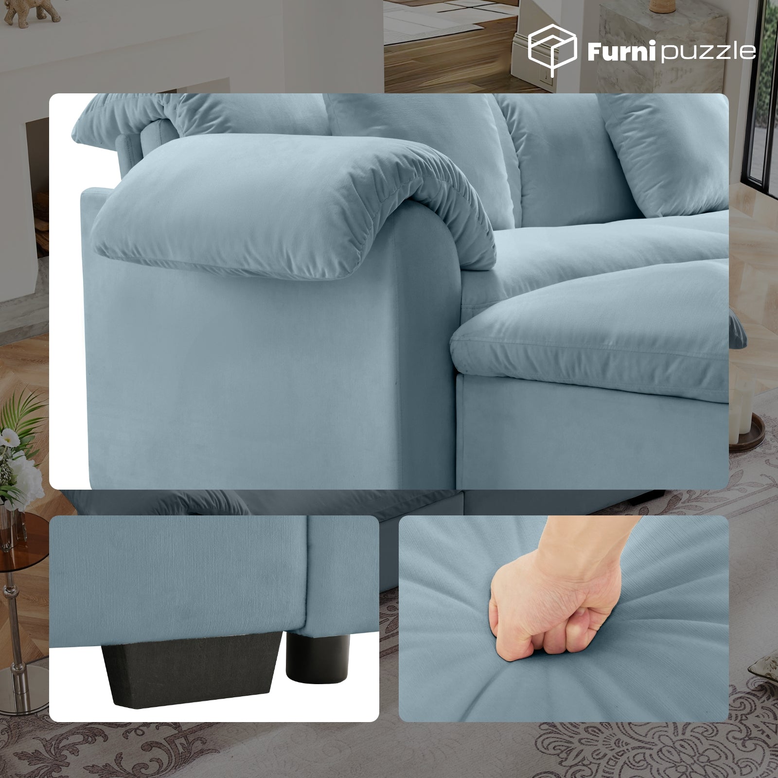 Furnipuzzle Velvet Armless Modular Sofa with Storage and Ottoman